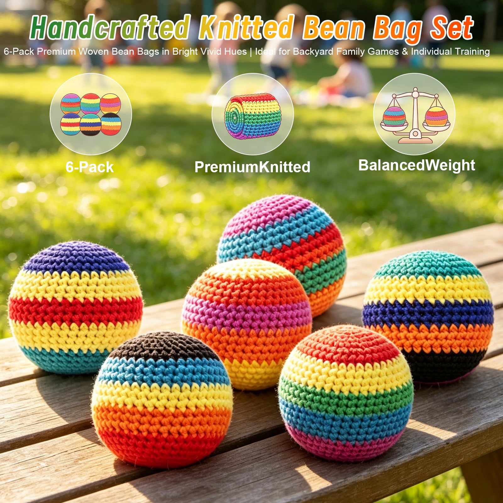 6 Pack Crocheted Footbags Handmade Knitted Balls for Tossing & Kicking Adults and Beginners Vibrant Sports Design for Indoor & Outdoor Play, Party