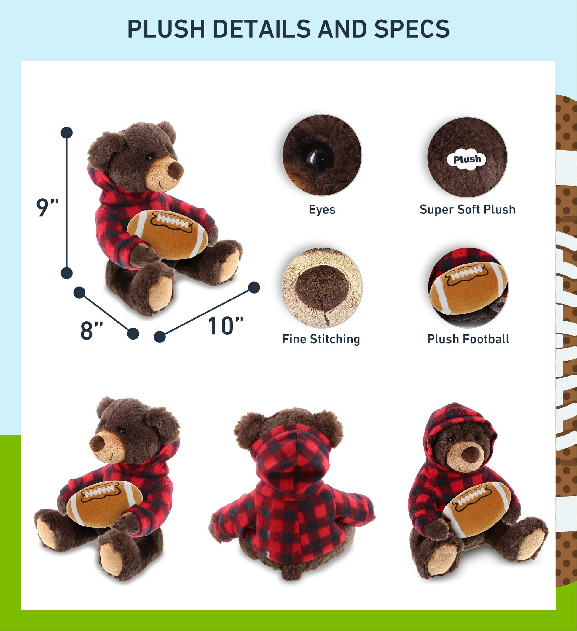 DolliBu Brown Bear Stuffed Animal with Football Plush - Super Soft Huggable Bear with Red Plaid Hoodie, Plush Toy Wildlife Gift for Kids and Adults