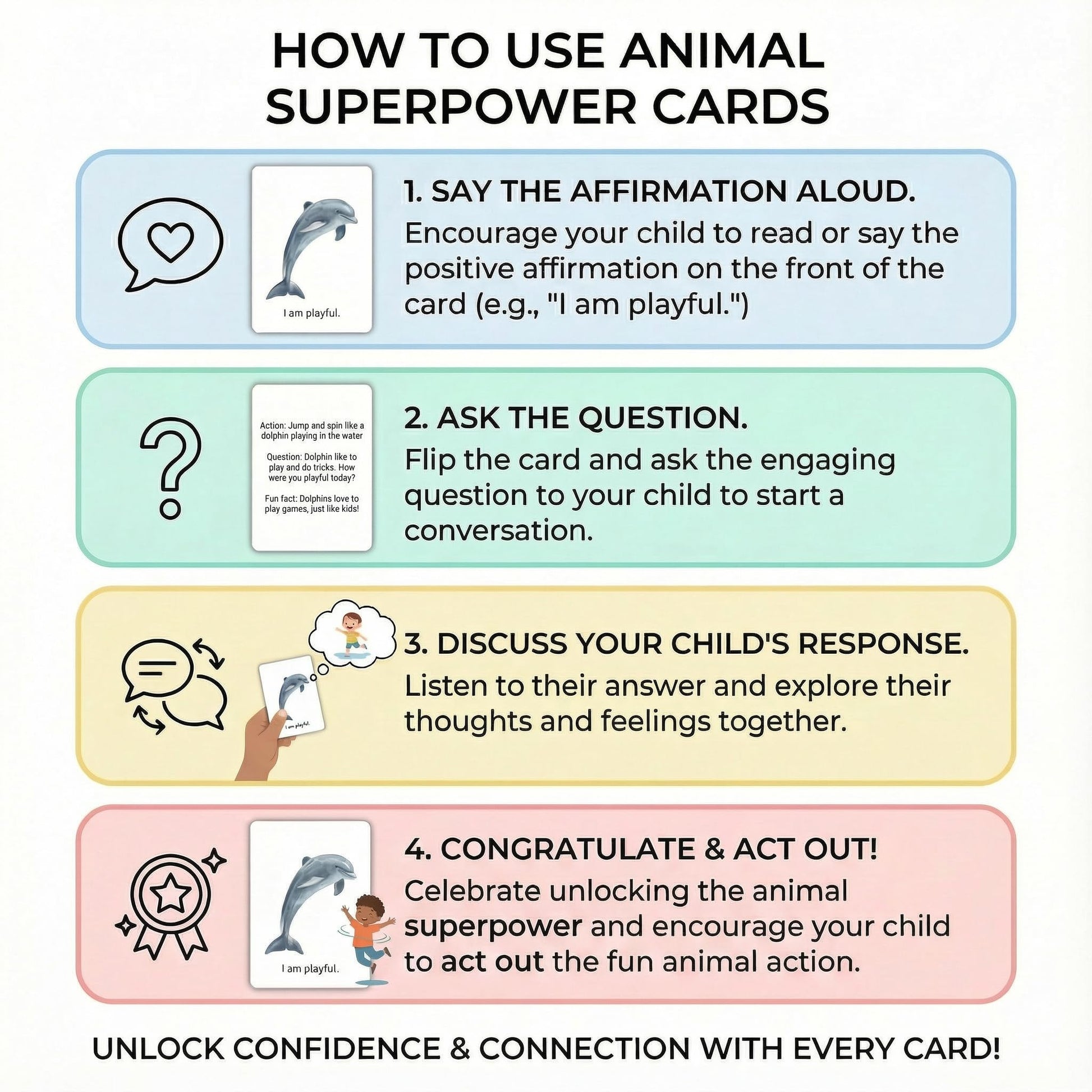 Animal Power an Affirmation Adventure - Affirmation Cards for Kids - Educational Animal Games for Kids 5-8 Year Old - Motivational Cards