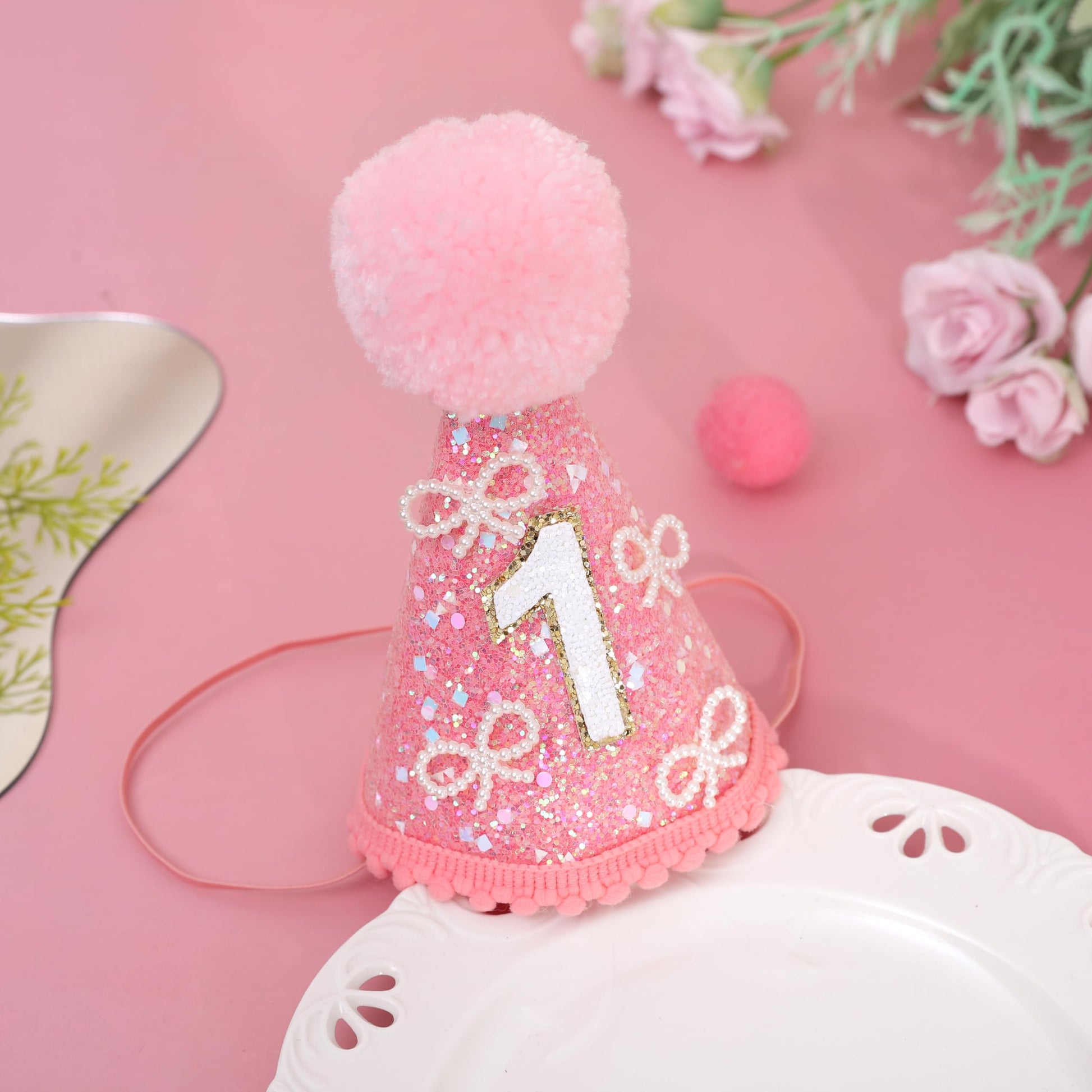 MAMUXI Pearl Bow Pink 1st Birthday Hat - Sweet One Birthday Party Decorations, Bling Bling Pink Hat Photo Props, Little Princess First Party