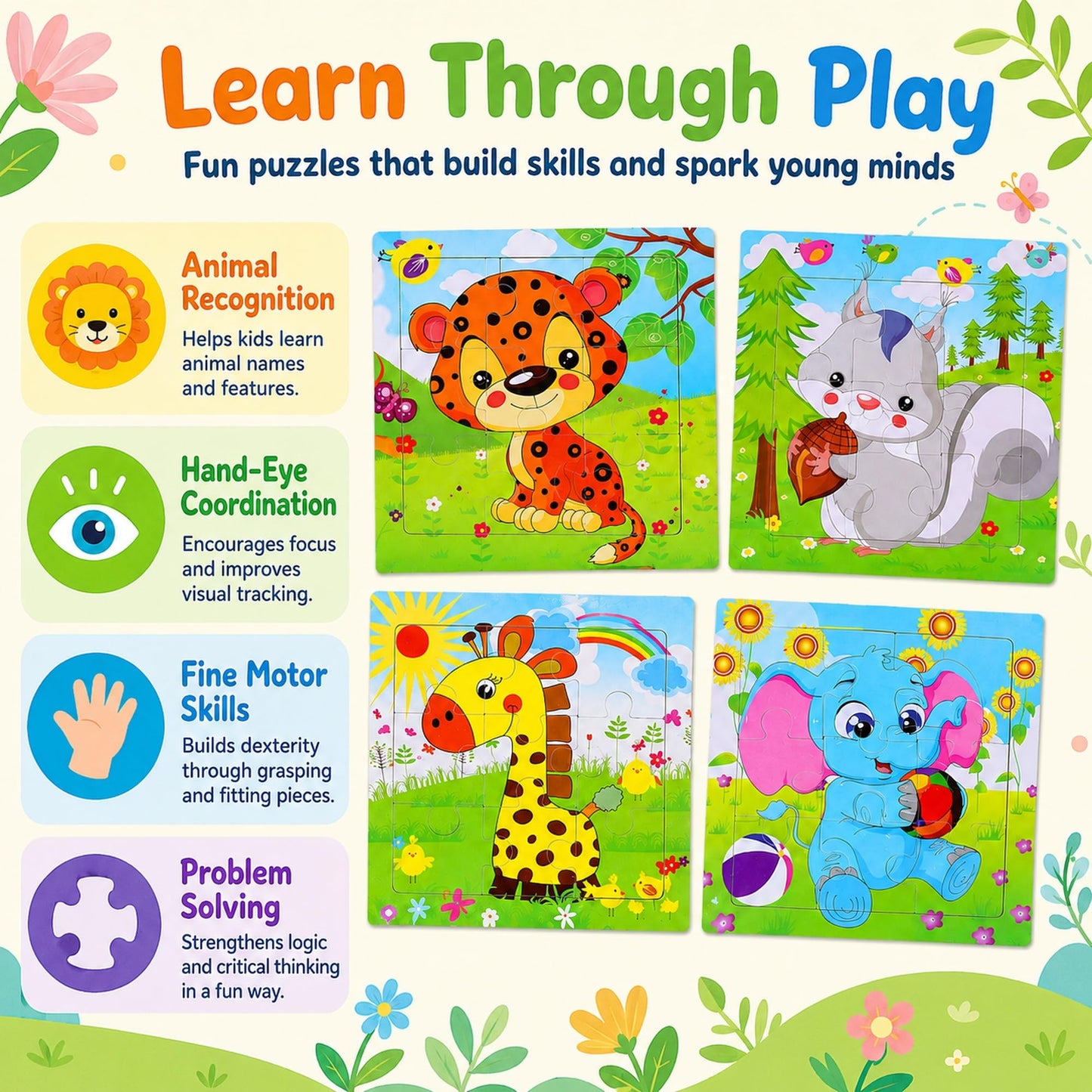 NASHRIO Wooden Puzzles for Toddlers Age 3-5, 8 Pack Animal and Dinosaur Jigsaw Puzzles, Preschool Educational Toys, Wooden Puzzle Set for Boys Girls