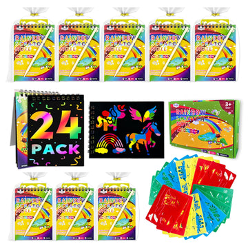 Decojoy Party Favors for Kids 4-8, Scratch Art Birthday Return Gifts, Bulk Rainbow Scratch Paper Notebook 24 Set with Reusable Stencils, Christmas