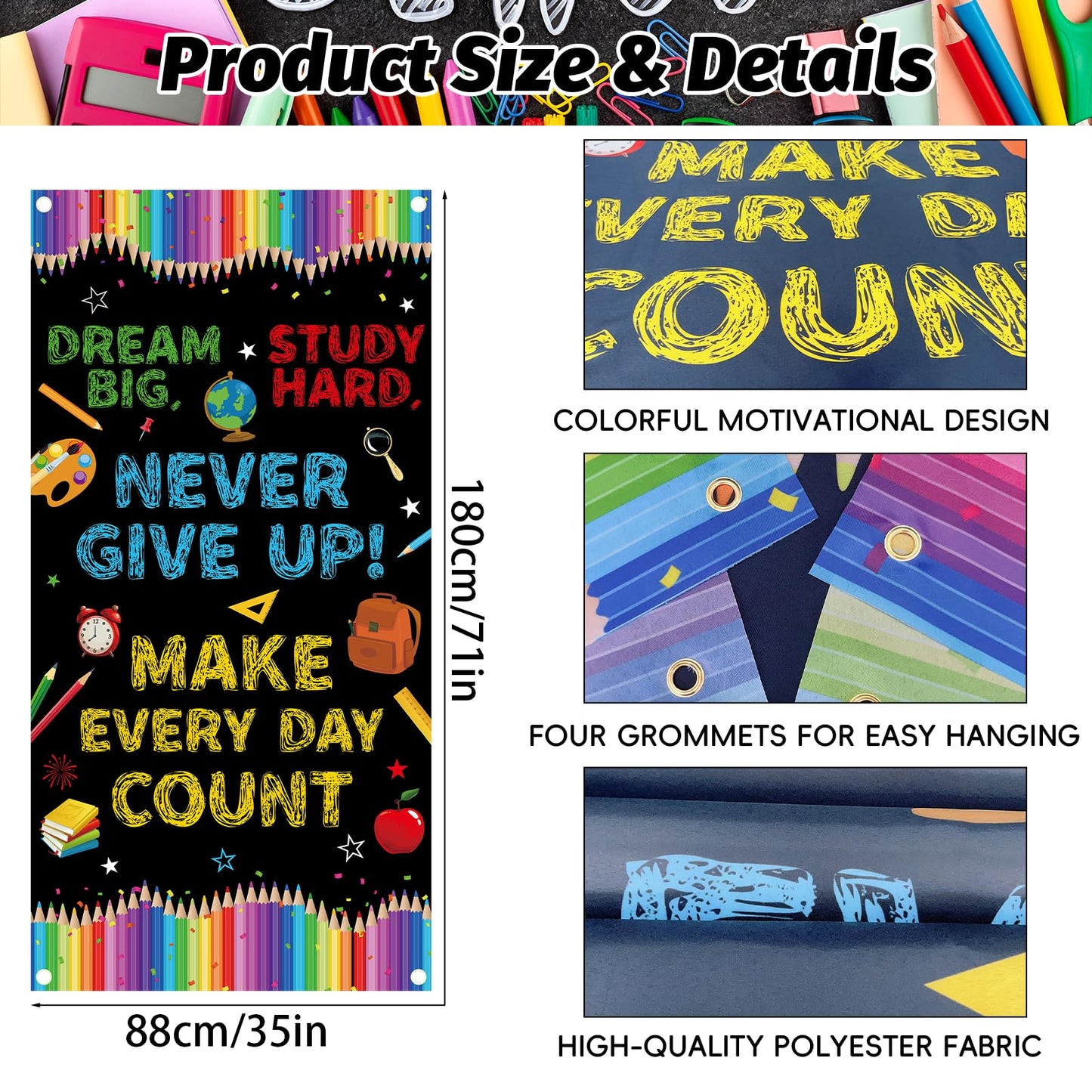 71 x 35 Inches Welcome First Day of School Motivational Door Cover Banner for Doorway Wall, Large Dream Big Never Give Up Make Every Day Count Poster