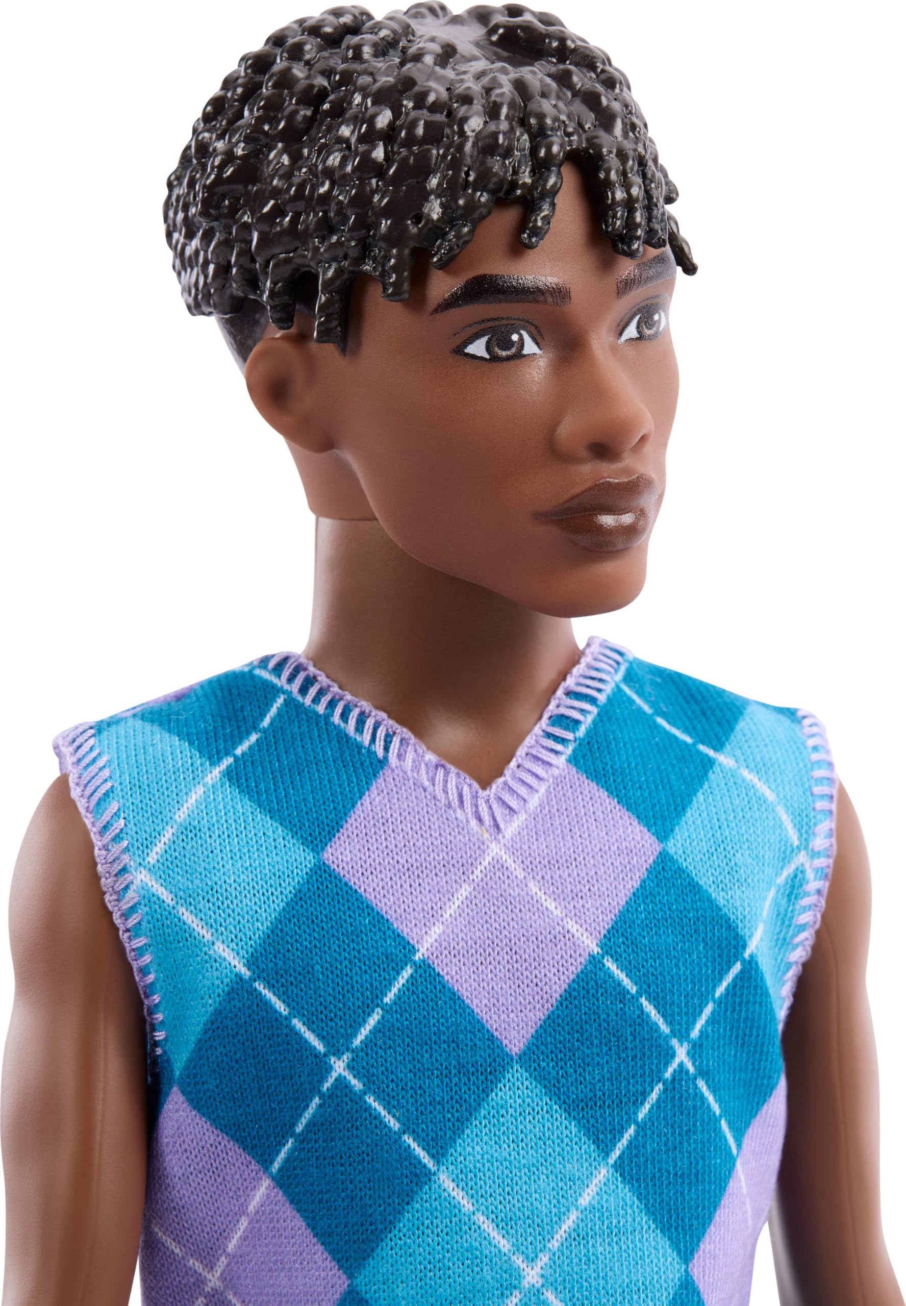 Barbie Fashionistas Style Ken Doll #253 with Brown Hair, Wearing Lavendar Shorts with Turquoise and Lavender Argyle Shirt, White Shoes