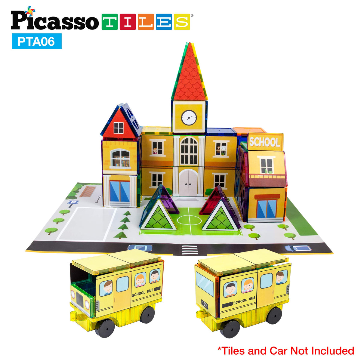PicassoTiles 80pc School, Hospital, Police Station 3-in-1 Theme Magnet Self Adhesive Backing Stick-On Puzzle Graphic Kit and Overlay Maps for Magnetic