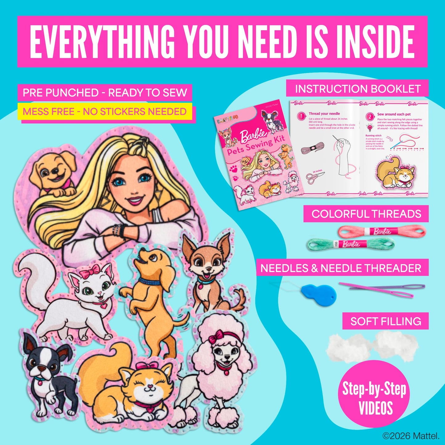 Barbie® Sewing Kit for Kids Ages 6-12 - Kids Sewing Kit | Sew Your Own Puppy & Kitten Felt Pet Stuffed Animal | Beginner Craft Gift for Girls