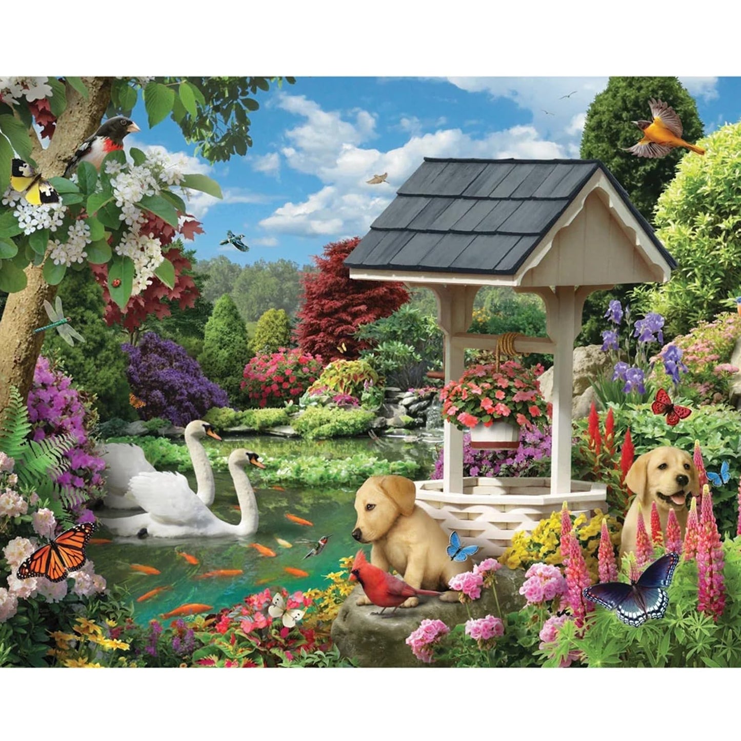 Bits and Pieces 100 Piece Puzzles for Adults - Puppy Paradise - 100 Extra Large Pieces 15" x 19" Jigsaw Puzzles, Dogs Swans Flowers Spring, No 2