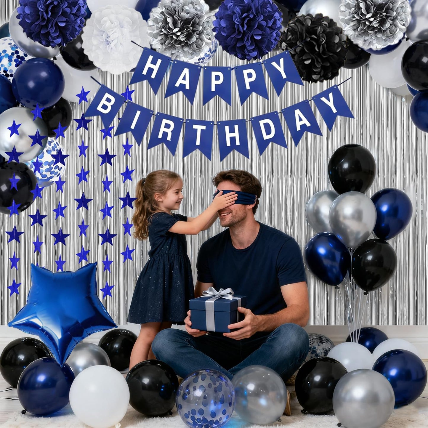 Navy Blue Birthday Decorations for Men Boys, Blue Silver Party Decorations Happy Birthday Banner Fringe Curtains star garland Paper Pom Poms Party