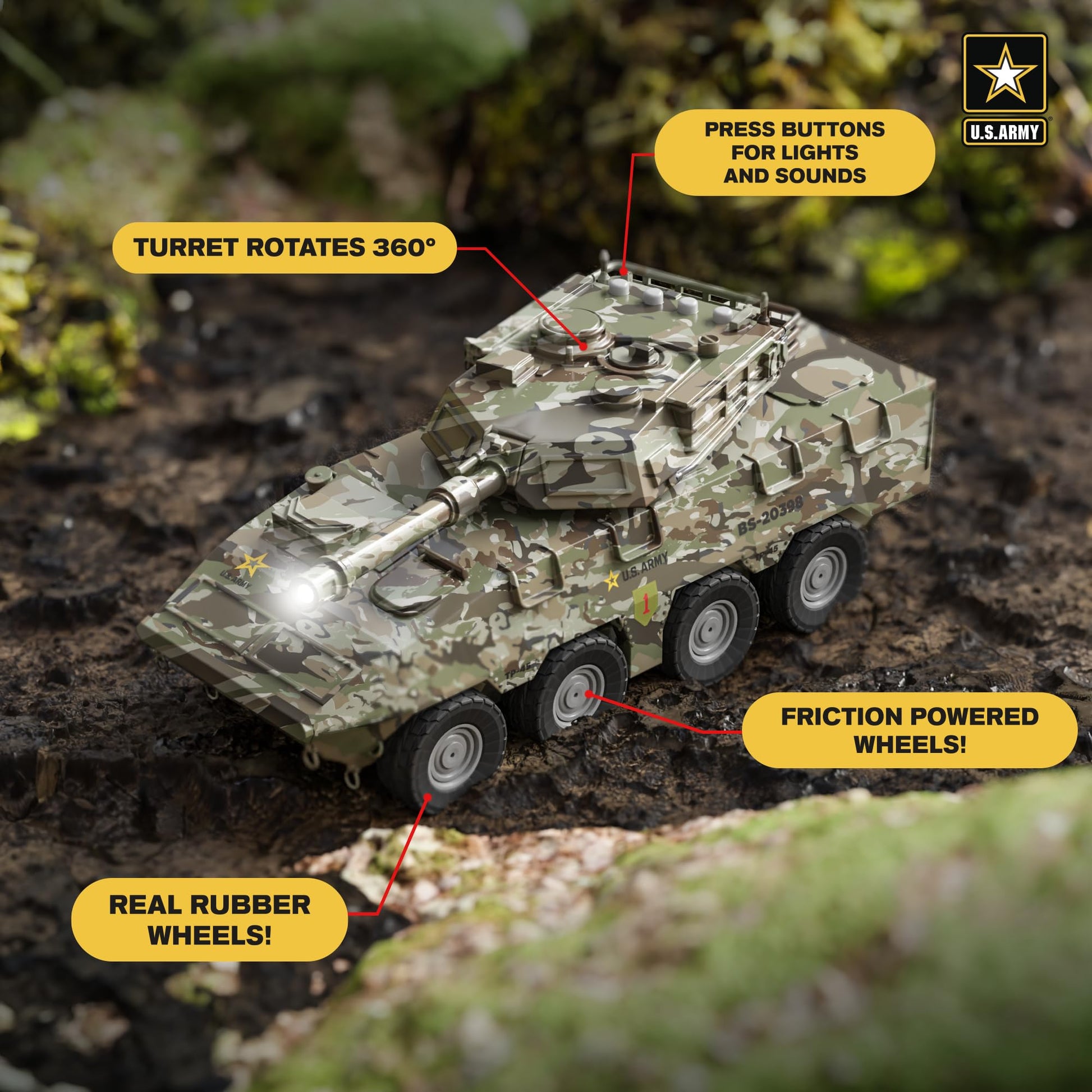 Lollipop U.S. Army Tank Vehicle Toy for Toddlers and Kids 3+ Friction Powered - Toy Battle Stryker Friction Powered Vehicle Realistic Lights