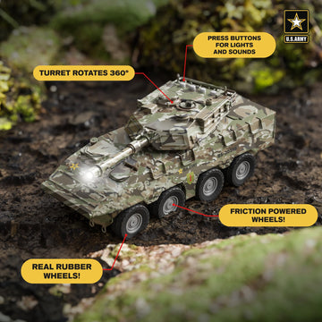 Lollipop U.S. Army Tank Vehicle Toy for Toddlers and Kids 3+ Friction Powered - Toy Battle Stryker Friction Powered Vehicle Realistic Lights