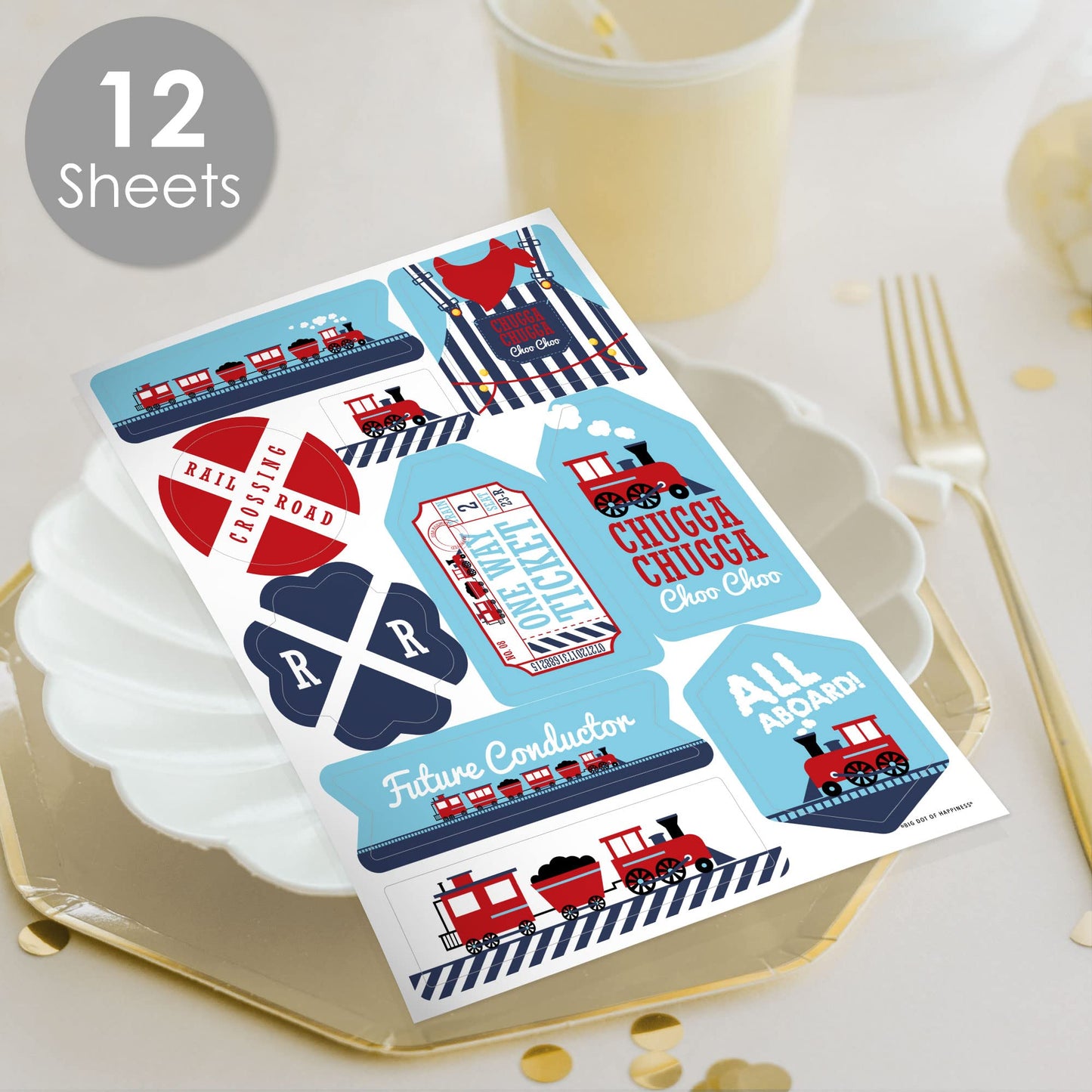 Big Dot of Happiness Railroad Party Crossing - Steam Train Birthday or Baby Shower Party Favor Sticker Set - 12 Sheets - 120 Stickers