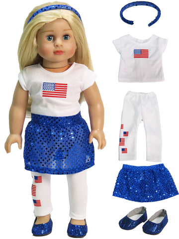 American Fashion World USA American Flag Outfit for 18-Inch Dolls | 5 Piece Set | Premium Quality & Trendy Design | Dolls Clothes | Outfit Fashions
