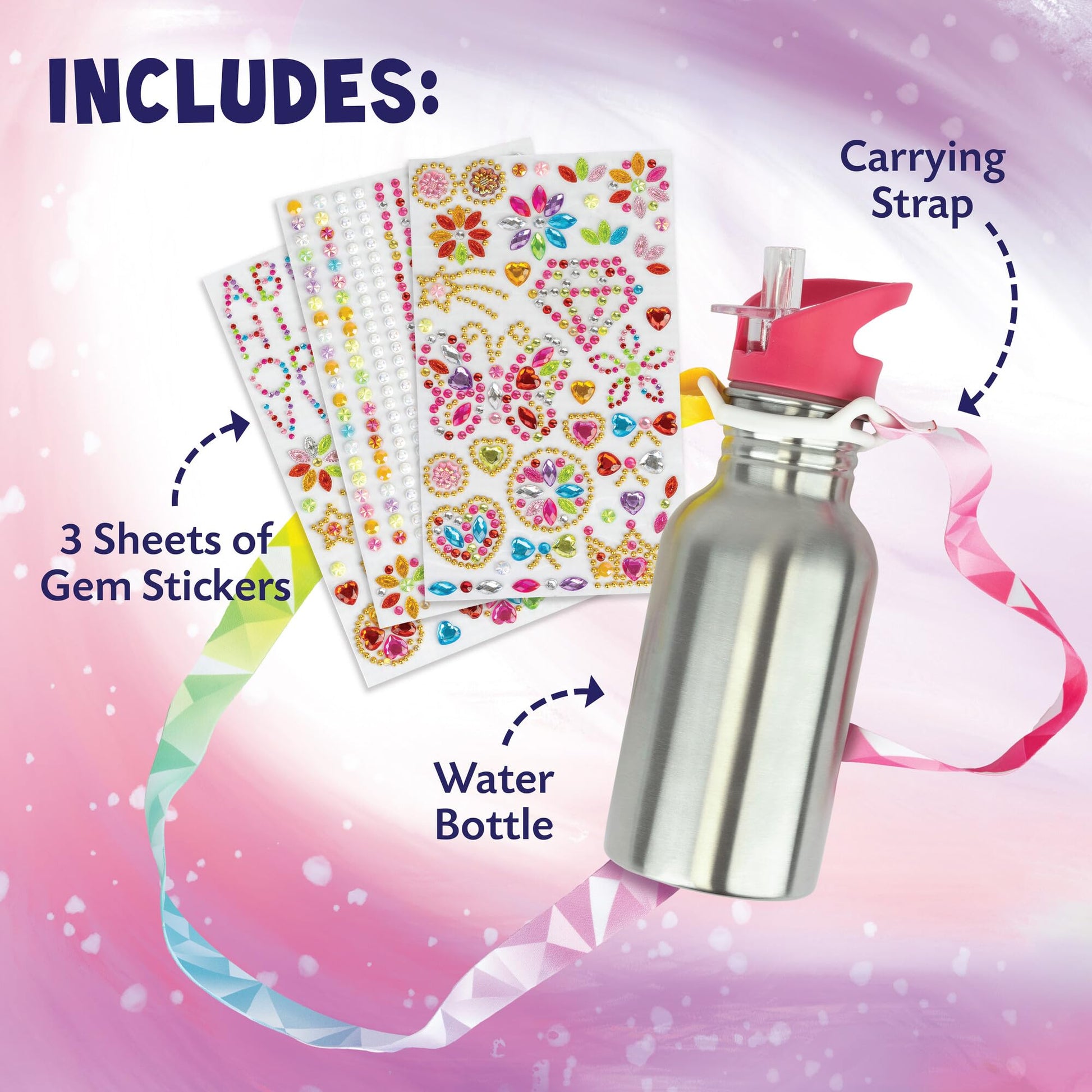 MindWare Cute & Custom Gem Water Bottle Decorating Kit, DIY Craft Activity with Stainless Steel Bottle and Gem Stickers, Creative Personalization Toy