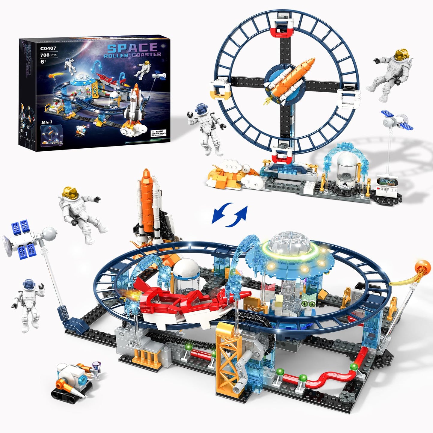 mesproud 2 in 1 Space Roller Coaster Building Set, UFO Satellite Capsule Buildable Coaster Toy, Creative STEM Construction Kit, Gift for Boys Girls