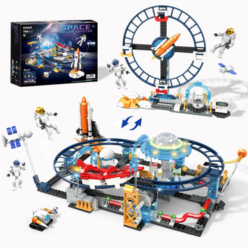 mesproud 2 in 1 Space Roller Coaster Building Set, UFO Satellite Capsule Buildable Coaster Toy, Creative STEM Construction Kit, Gift for Boys Girls