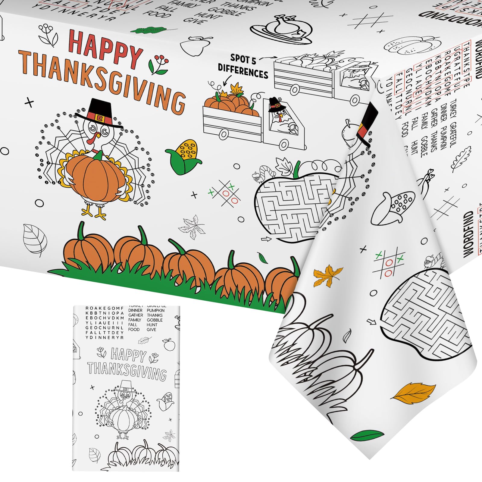 Happy Thanksgiving Coloring Tablecloth for Kids-Giant Thanksgiving Paper Activity Table Cover, Jumbo Fall Turkey Coloring Games Poster Crafts