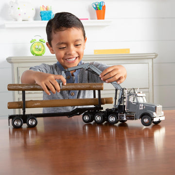 TOMY Freightliner 122SD Logging Truck Toy - 1:32 Scale - Includes Toy Truck, Trailer, and 3 Logs - Construction Truck Toys - Ages 3 Years and Up