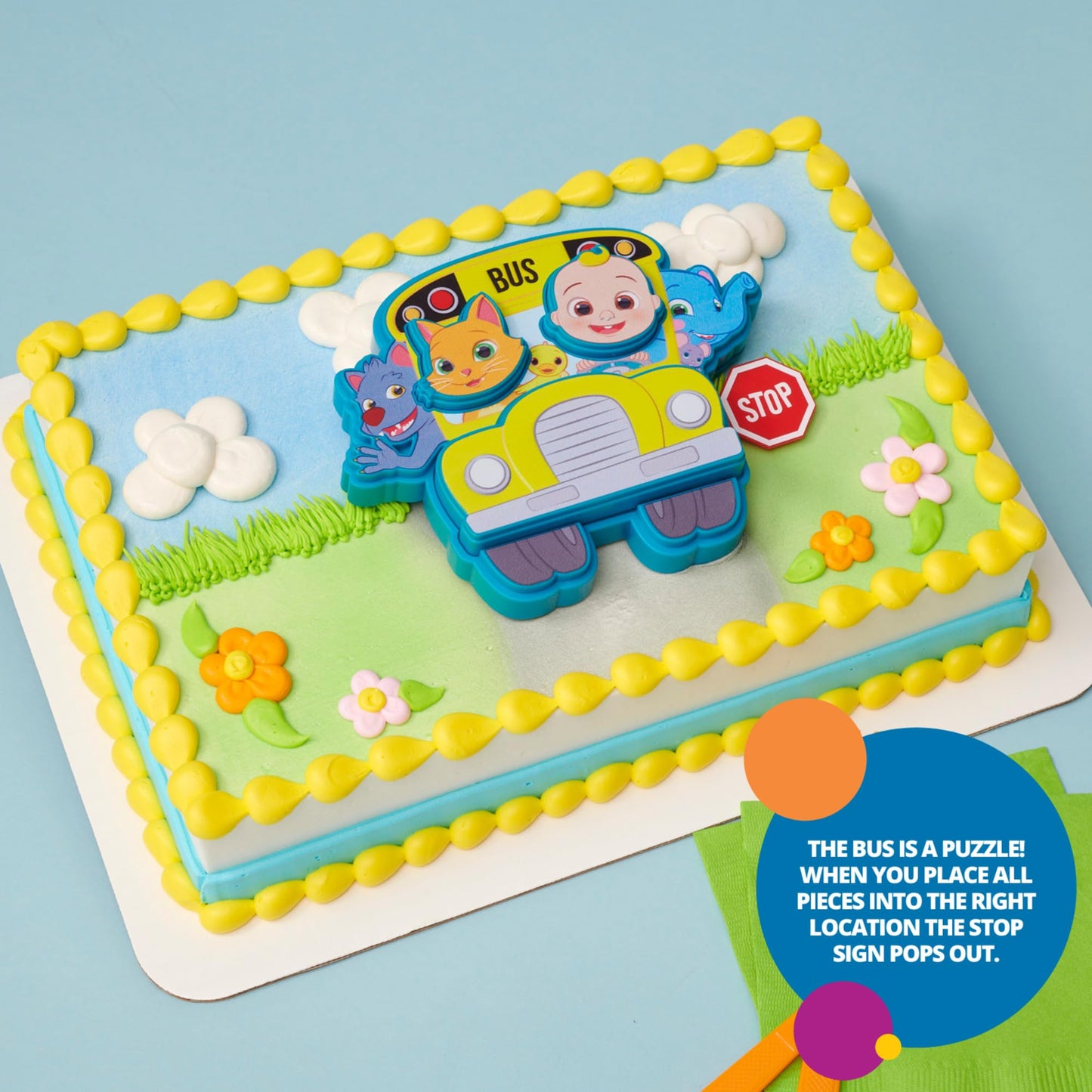 DECOPAC DecoSet CoComelon Ready for Adventure! Cake Topper, 4 Piece Cake Decoration Set With JoJo, Kittens, Wally, and Ello Puzzle Jigsaw (27978)