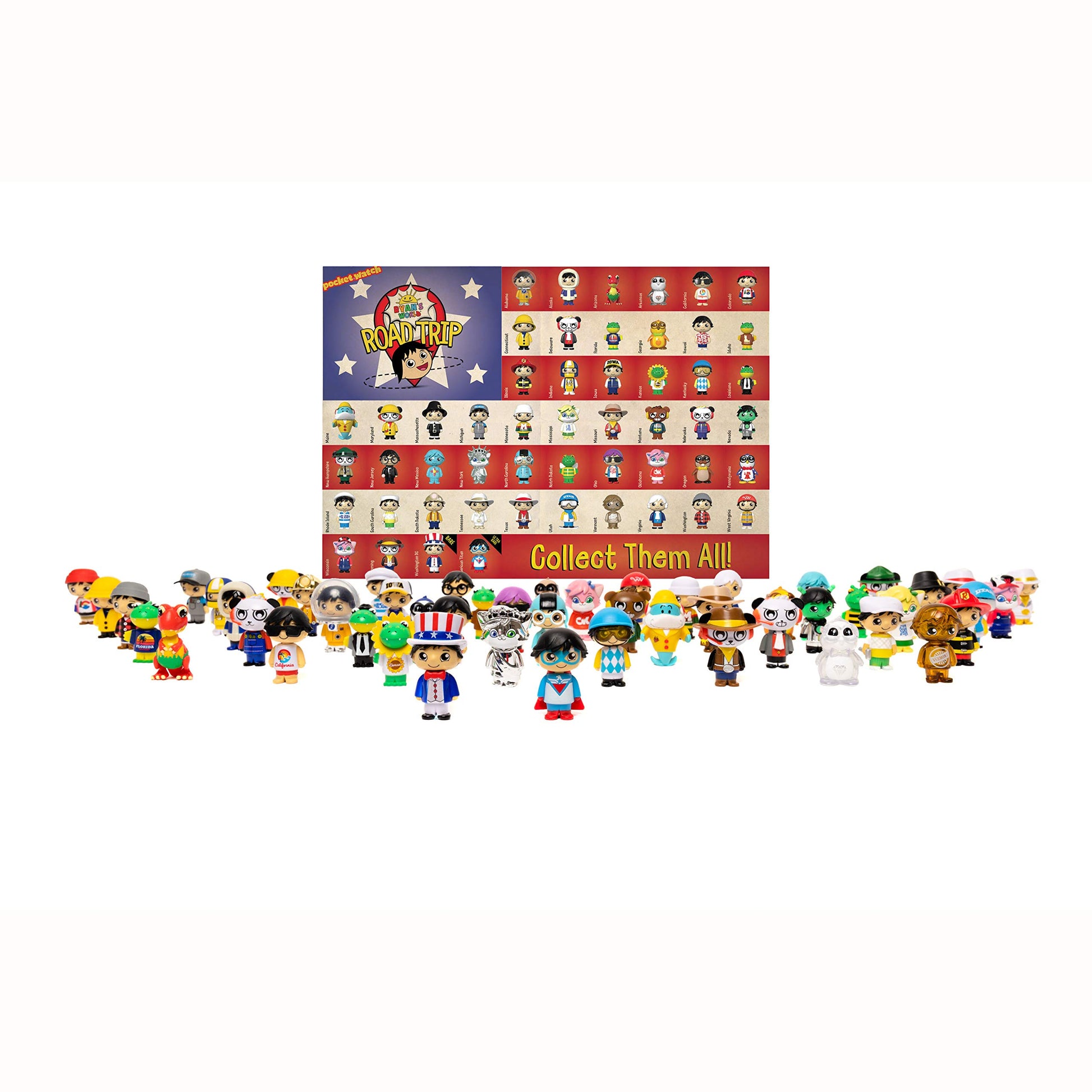 Ryan’s World Road Trip 53 pc Complete Figure Set + Bonus Figure, Mystery Figures For All 50 States, Ultra-Rare Figures, Surprise Exclusive Micro State
