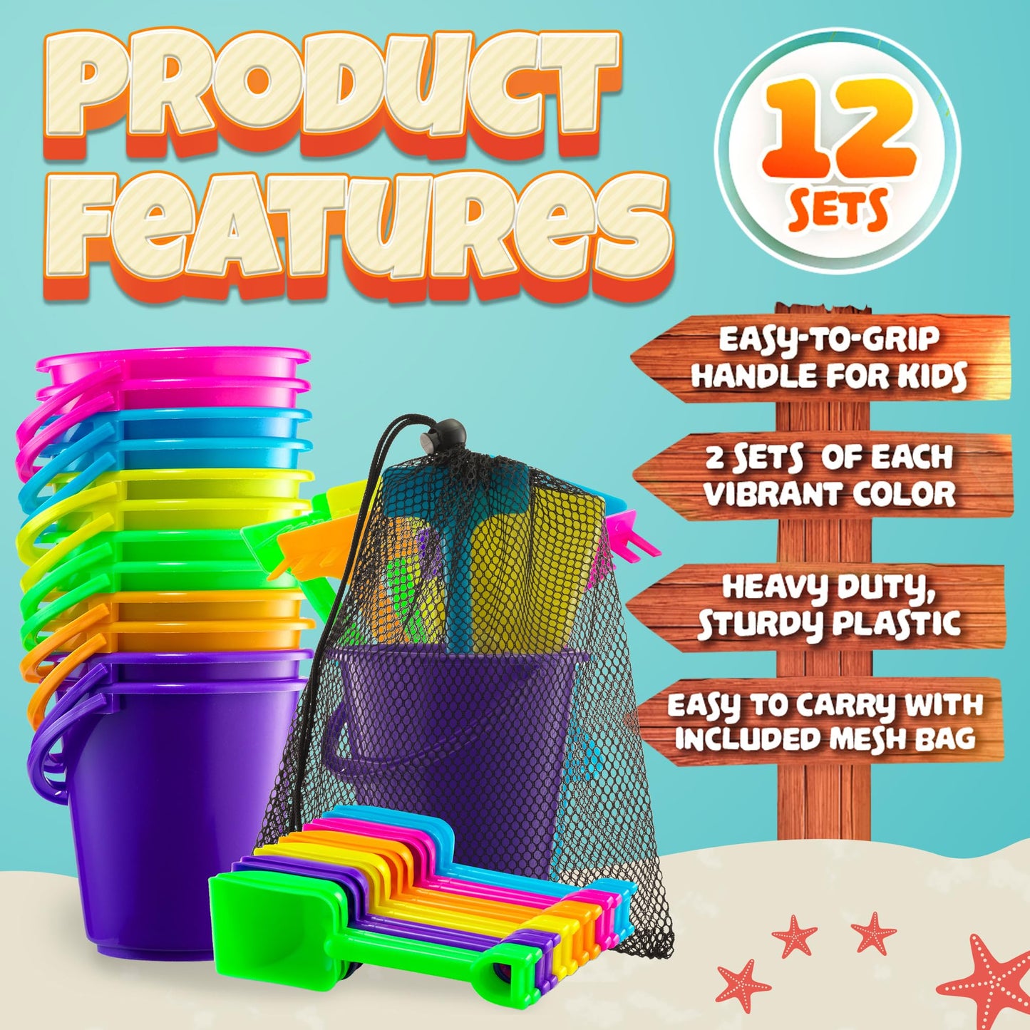 Mini Beach Buckets & Shovels (12-Pack) 4.5-Inch Sand Toy Set