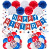 Blue White and Red Birthday Decorations, Patriotic Party Supplies Kit for Men Women Boys Grils, Happy Birthday Banner Paper Pompoms Red Blue Confetti