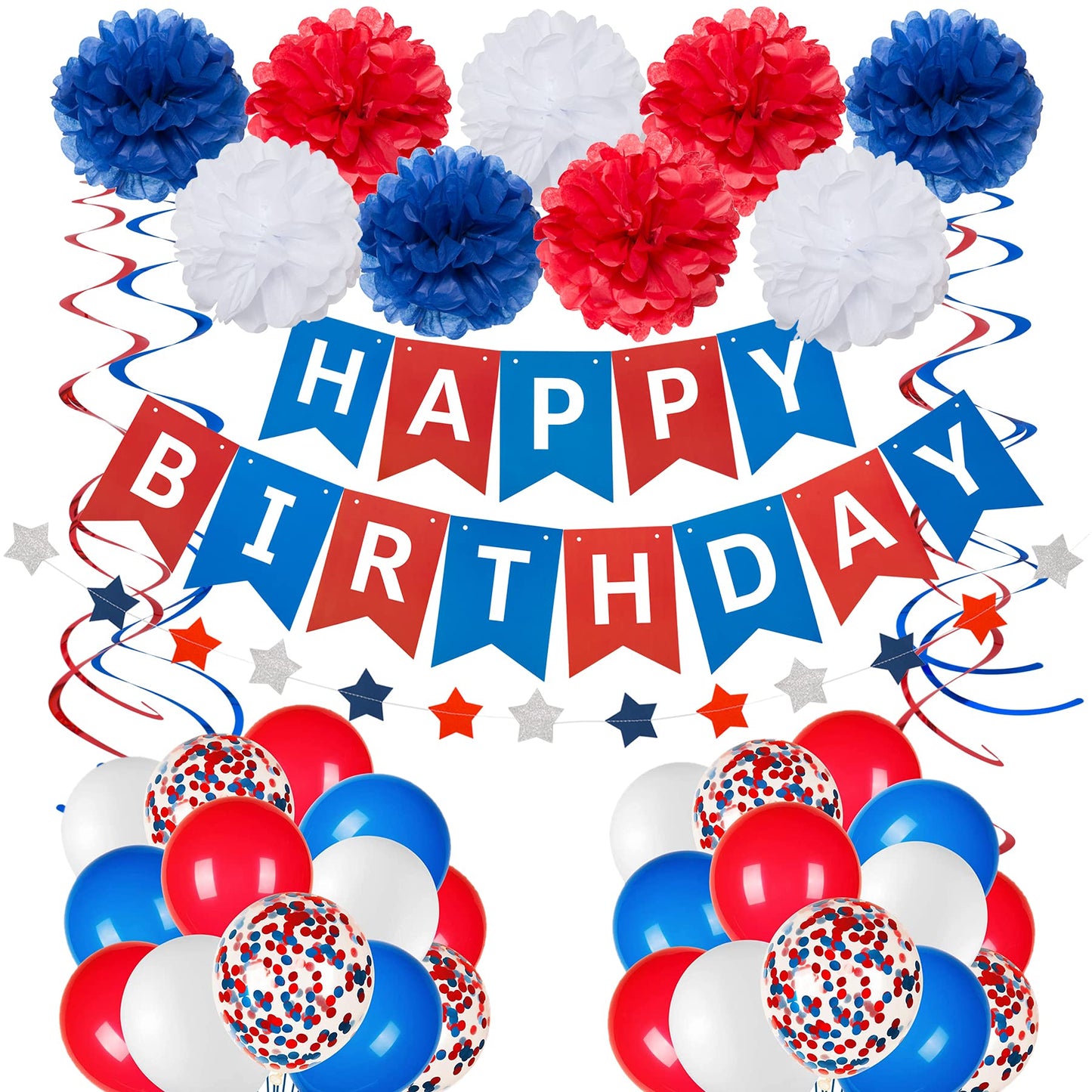 Blue White and Red Birthday Decorations, Patriotic Party Supplies Kit for Men Women Boys Grils, Happy Birthday Banner Paper Pompoms Red Blue Confetti