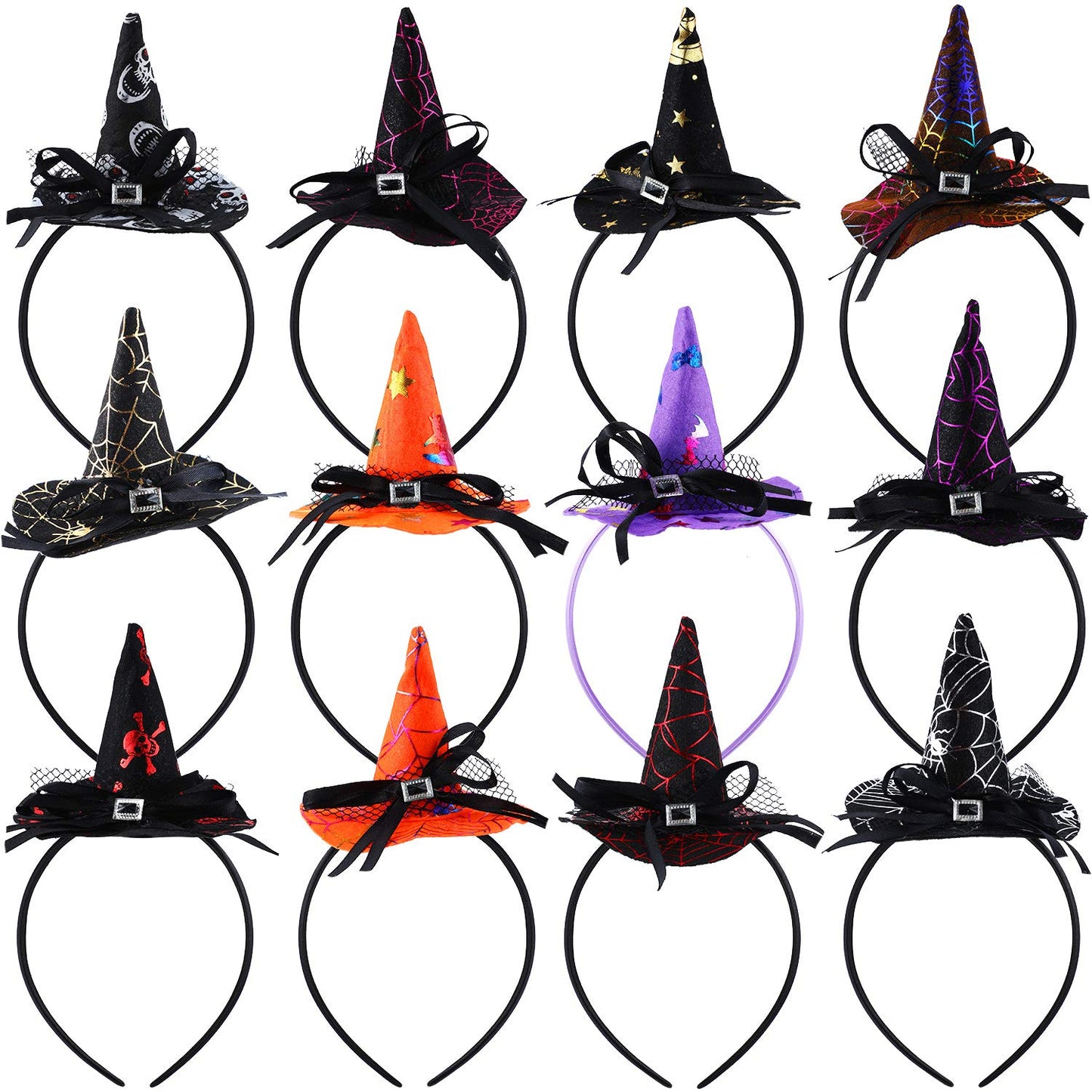 Blulu 12 Pieces Halloween Headbands Witch Hat Hairbands Bulk Witch Hair Hoops Halloween Hair Accessories for Women Cosplay Costume Supplies