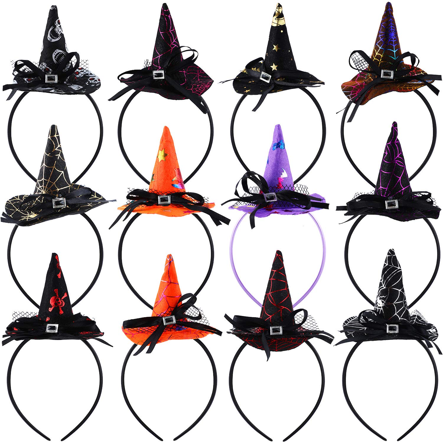 Blulu 12 Pieces Halloween Headbands Witch Hat Hairbands Bulk Witch Hair Hoops Halloween Hair Accessories for Women Cosplay Costume Supplies