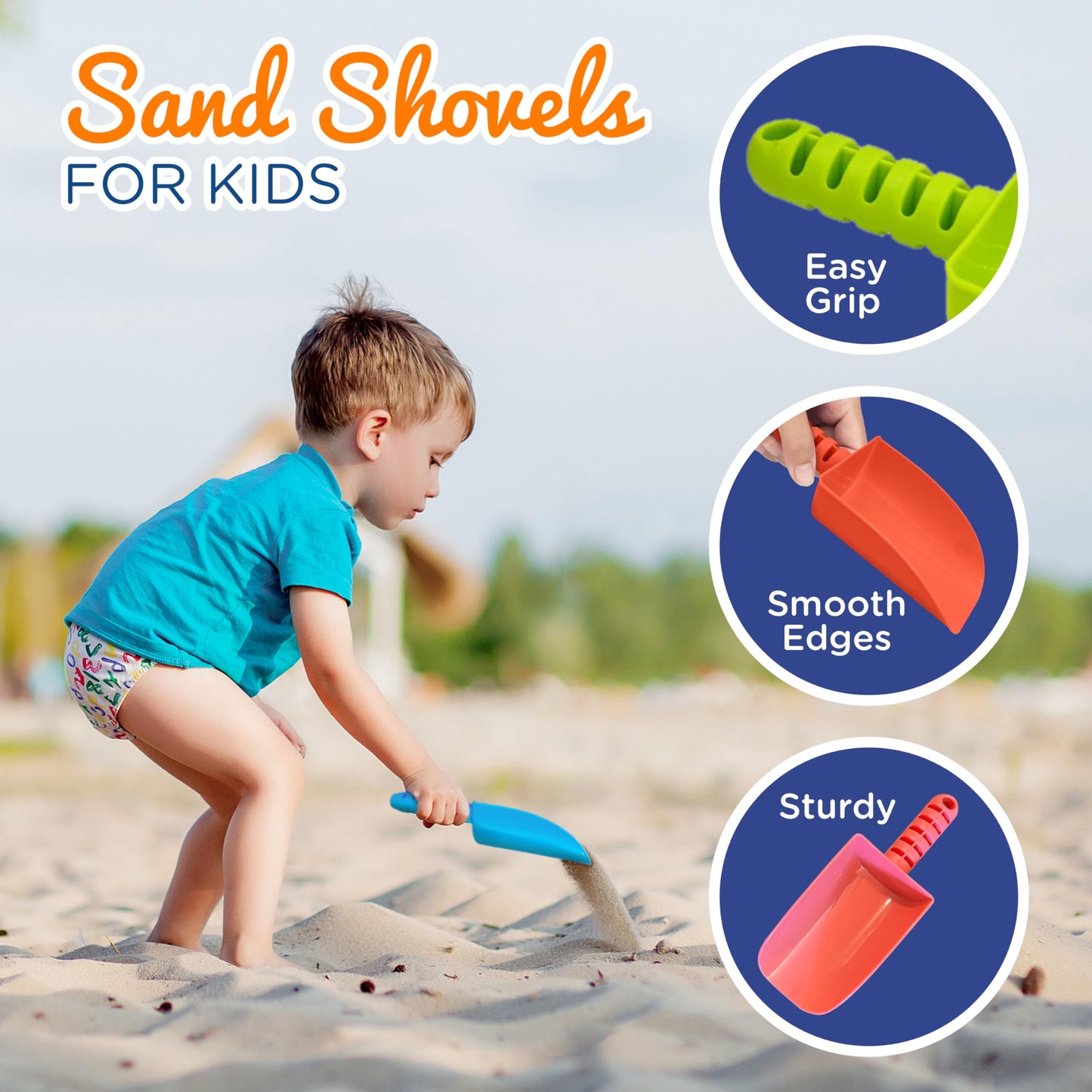 4E's Novelty 4 Pack Beach Shovels 8 Inch, Heavy Duty Plastic Sand Shovel for Kids, - Great for Planting Gardening Shovels for Toddlers, Outdoor