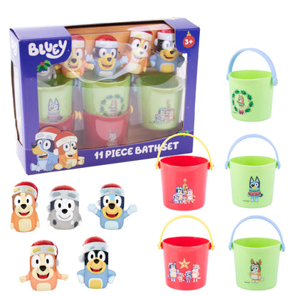 Bluey Holiday Bath Toys - 11 pc Bath Value Set, Bath Toys, Finger Puppets, Rinse Cups, Foam Pump, Bath squirters