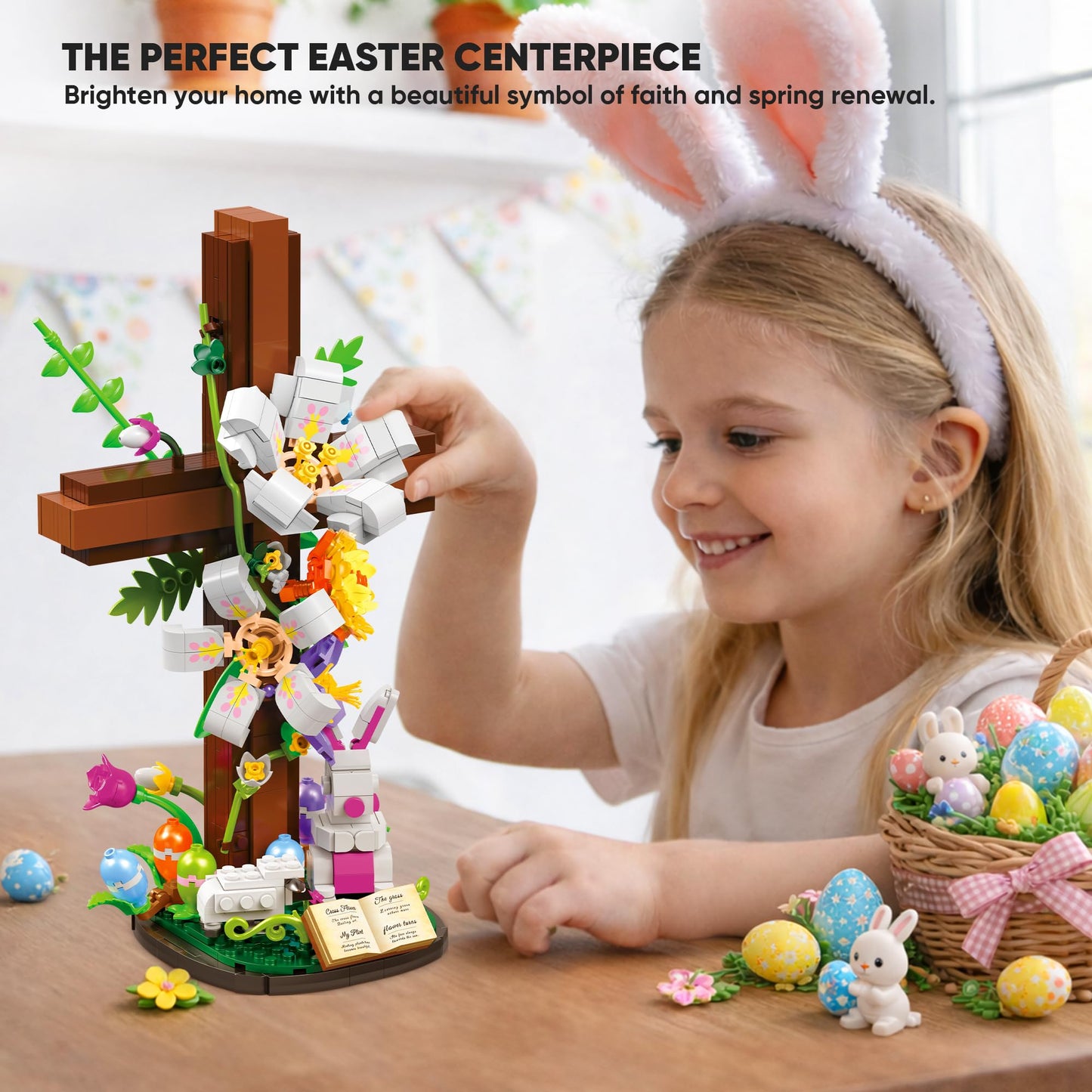 HiDectee Cross Flower Building Set - Jesus Botanical Lily Cross with Bible Base & Spring Garden - Religious Christian Faith Gifts for Women, Mom