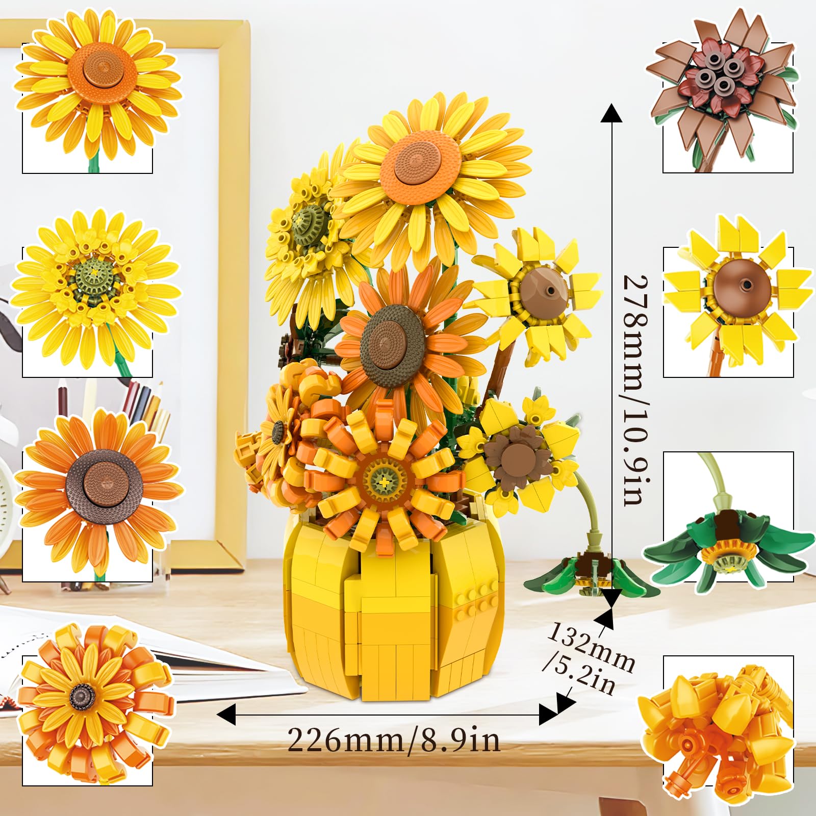 Mavo brix Flowers Building Sets for Adults, Van Gogh Prints Art Botanical Collection, Sunflowers Pot Bouquet Plants Kits Compatible with Lego Flowers