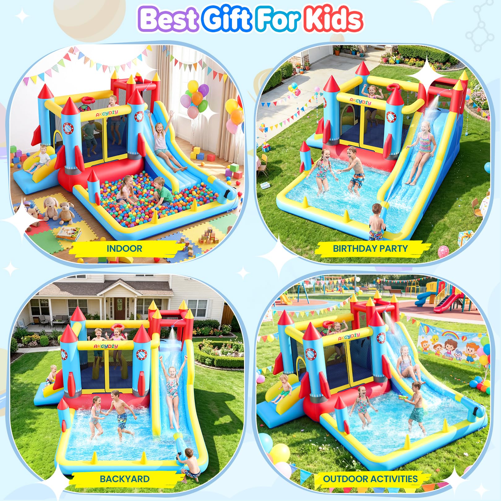 AKEYDIY Bounce House,Inflatable Water Slide Bounce Castle with Blower for Kids 3-10,Outdoor/Indoor Bouncy House Water Park for Backyard with 2 Splash