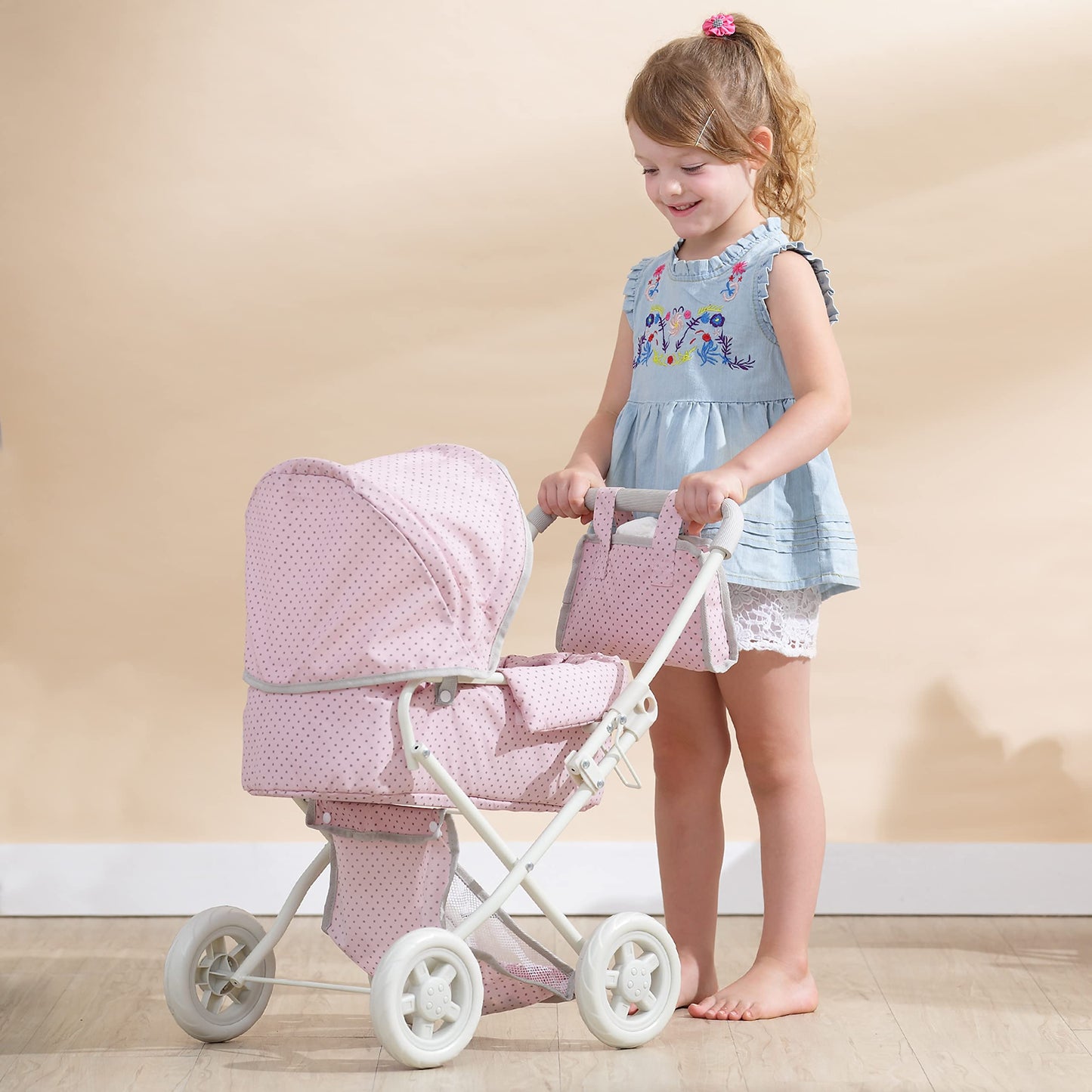 Olivia's Little World Buggy-Style Baby Doll Stroller with Retractable Canopy, Storage Underneath, Detachable Bassinet, Travel Nursery Bag, Comfortable