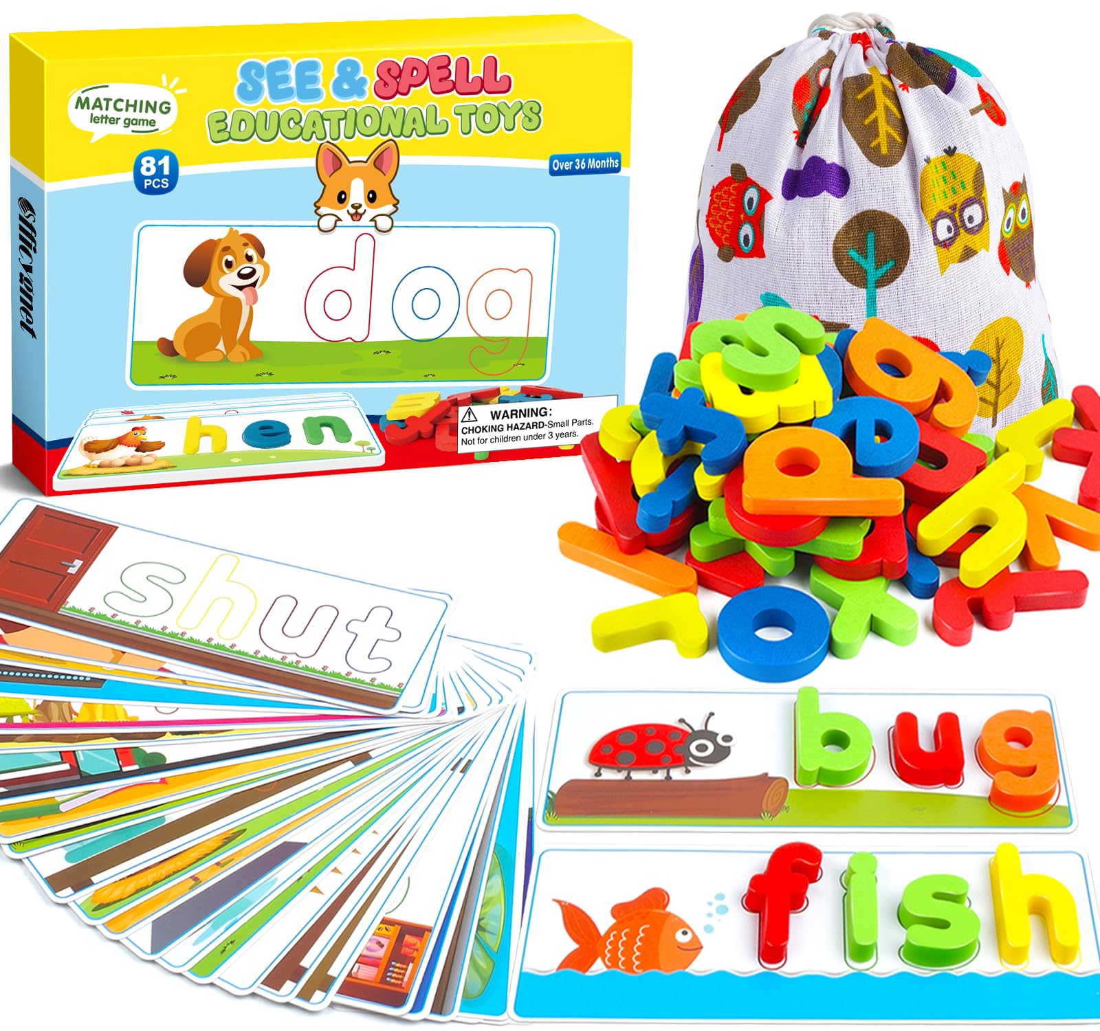 Officygnet Learning Toys for 3 4 5 6 Years Old Boys and Girls, See & Spell CVC Word Builders with Alphabet Cards for Kids Ages 3-5, Matching Letter