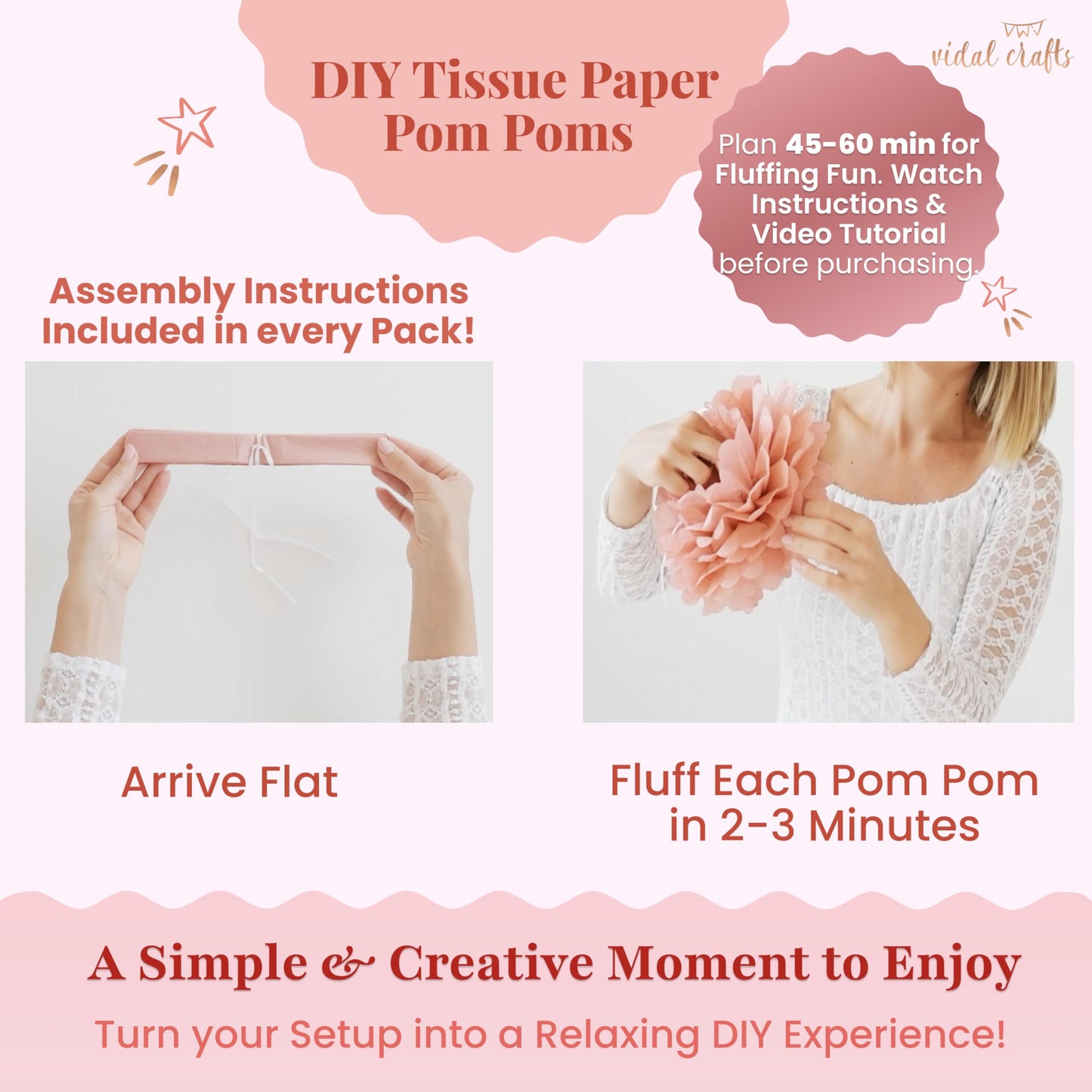 Vidal Crafts 20-Piece Boho Tissue Paper Pom Poms - Hanging Tissue Paper Flowers for Bridal Shower Decorations, Baby Shower Decorations for Girl