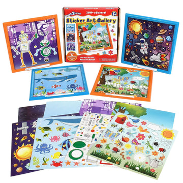 READY 2 LEARN Sticker Art Gallery - 200+ Stickers - 4 Backgrounds with Frames - Craft Kit for Ages 4-8 - Create Sea Life, Space, Robots, Garden Scenes