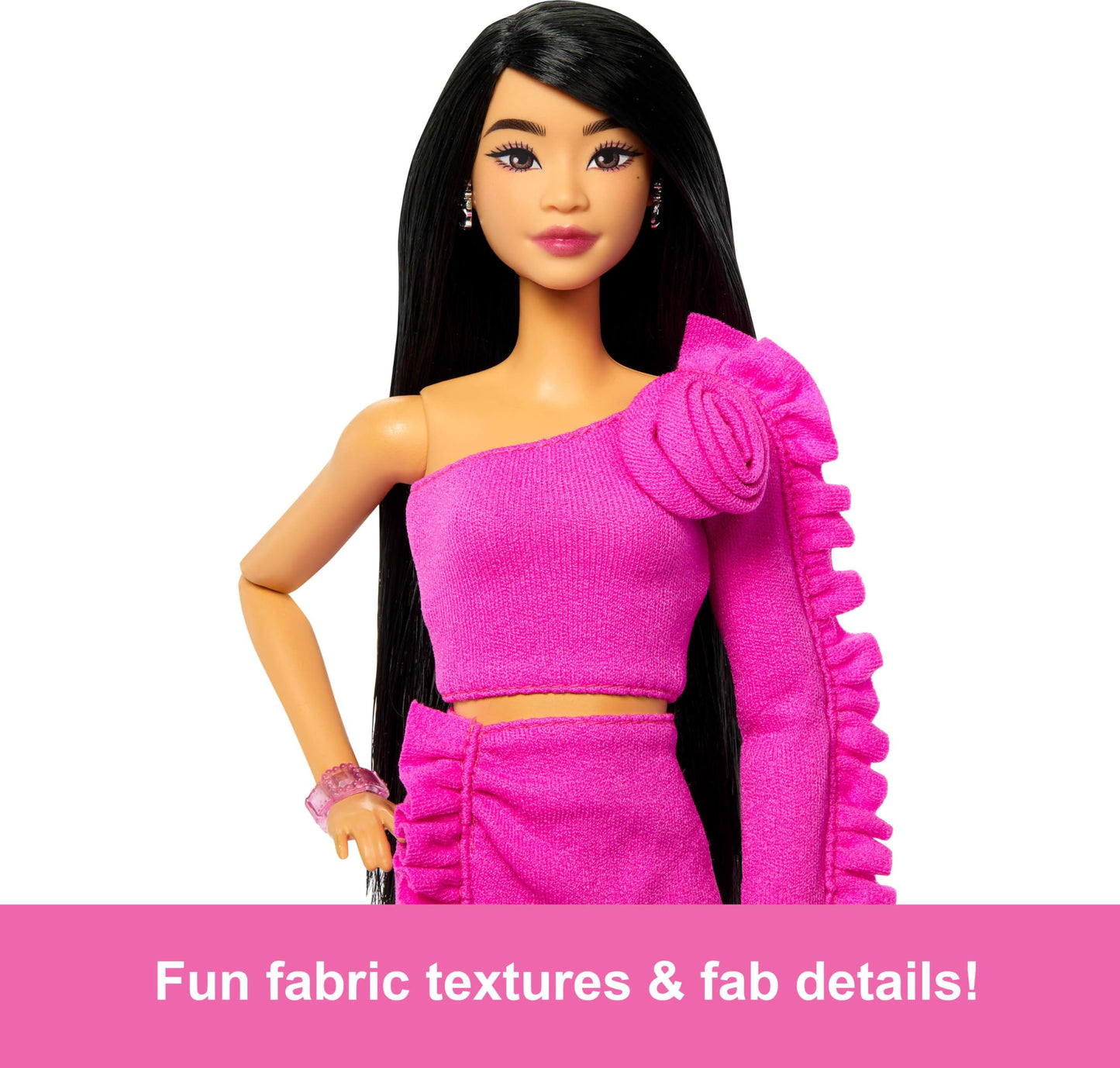 Barbie Deluxe Style Doll #2 in Barbiecore Outfit, Black Hair and Glittery Prosthetic Leg, Pink Top and Skirt Set with Rosette Detail and Accessories