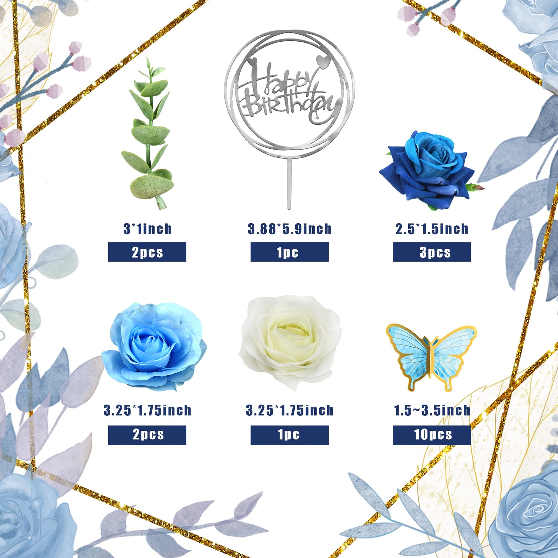 19 PCS Flower Cake Toppers Butterfly Happy Birthday Cake Decorations with Artificial Blue Rose Flowers Eucalyptus Butterflies for Party Wedding Baby