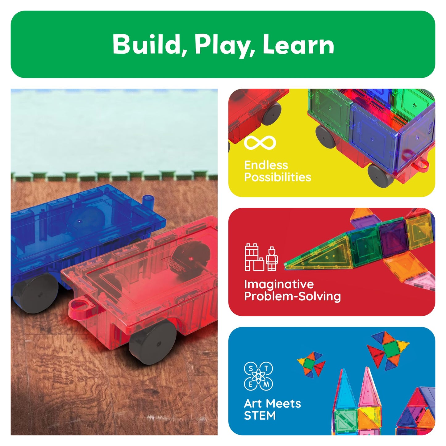 PicassoTiles 2 Piece Car Truck Construction Kit Toy Set Vehicle for Magnetic Blocks Building Tile Sensory Magnet Toys with Re-Enforced Hitch & Long