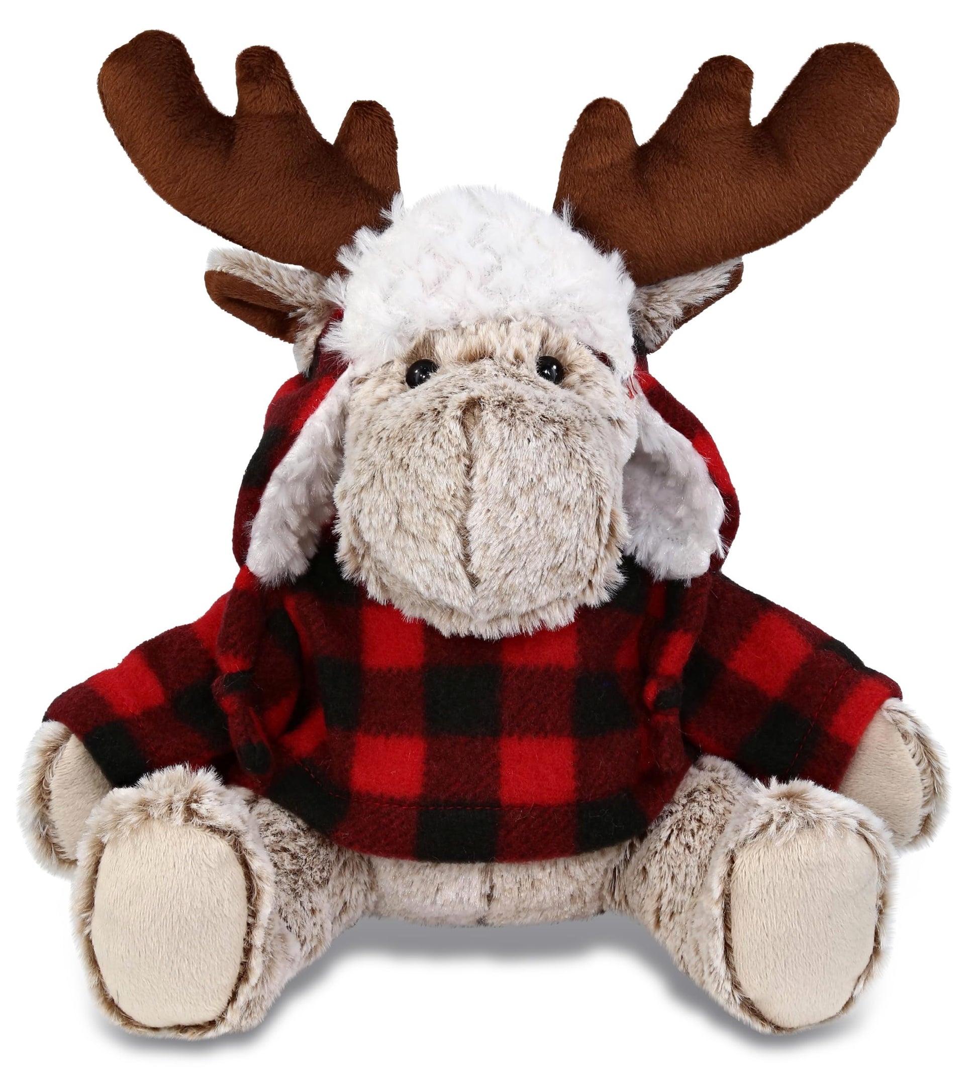 DolliBu Super Soft Plush Red Plaid Outfit Moose - Adorable Playtime Zoo Moose Plush with Clothes, Cute Wildlife Cuddle Gift - 9 Inches
