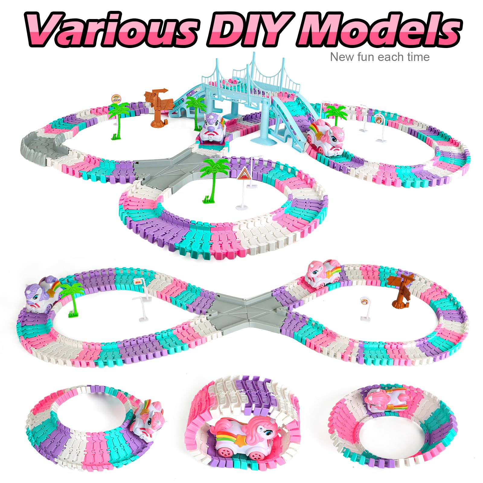 268 PCS Unicorn Race Tracks for Kids Toys, Glow in The Dark Magic Toy Set, 2 Unicorn Cars Track, Flexible DIY Track Set, Birthday Gift for Age 3-9