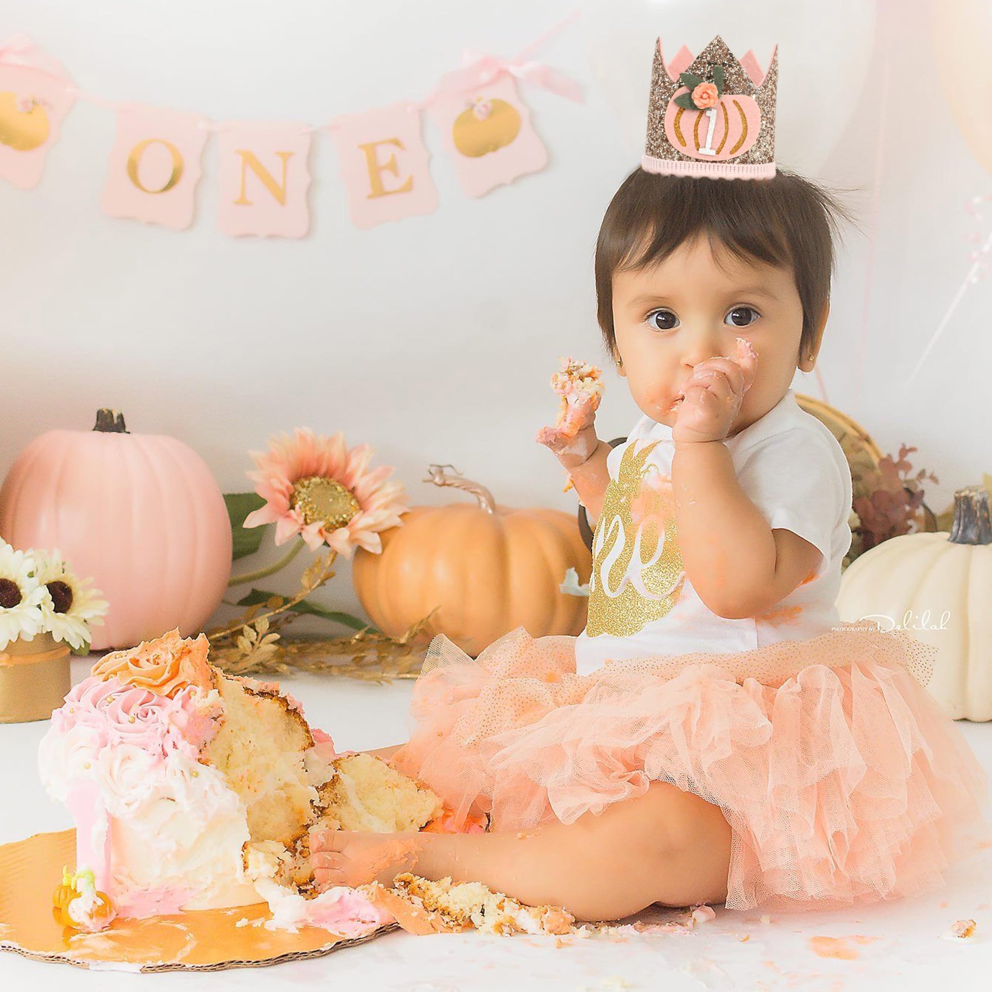 Agvgaza Pumpkin First Birthday Crown - Floral Pumpkin Theme One Birthday Hat, Golden Glitter Hat for Halloween Harvest Photo Prop