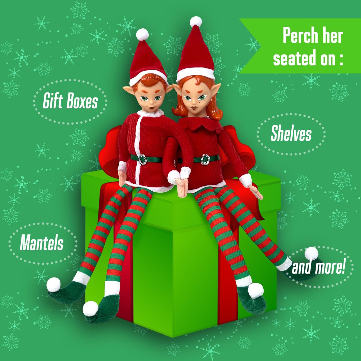 The Original Elf 12" Plush (Boy and Girl) Christmas Elf Doll Set - Poseable Shelf Sitter with Flaxible Dangling Legs - Perfect for Christmas