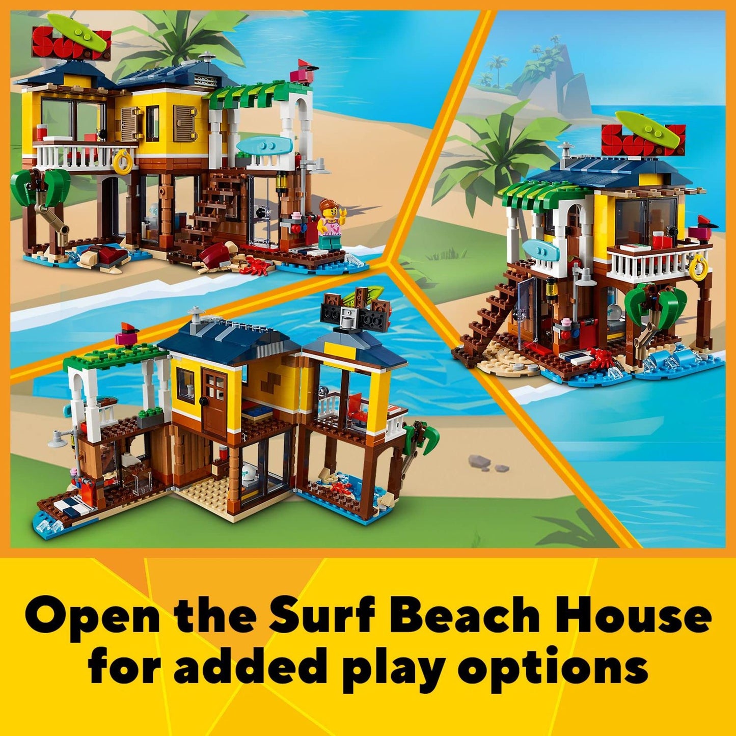 LEGO Creator 3 in 1 Surfer Beach House with 2 Minifigures and Dolphin Figure, Transforms from Surf Shack to Lighthouse to Pool House, Great Building