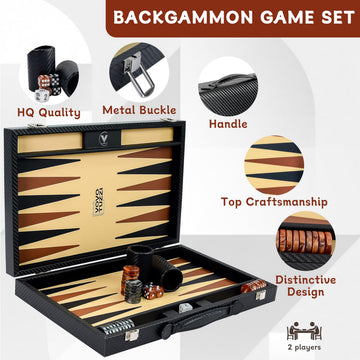 Vovotuzzi 15 Inch Backgammon Set for Adults, Premium Carbon Fiber PU Leather Foldable Backgammon Board Game, Portable Travel Classic Board Game
