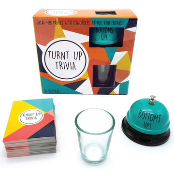 TMD Retail Turnt Up Trivia Card Game for Adults - Call Bell Game for Family and Friends - Bachelor and Birthday Party Trivia With 1.5 Oz Shot Glass