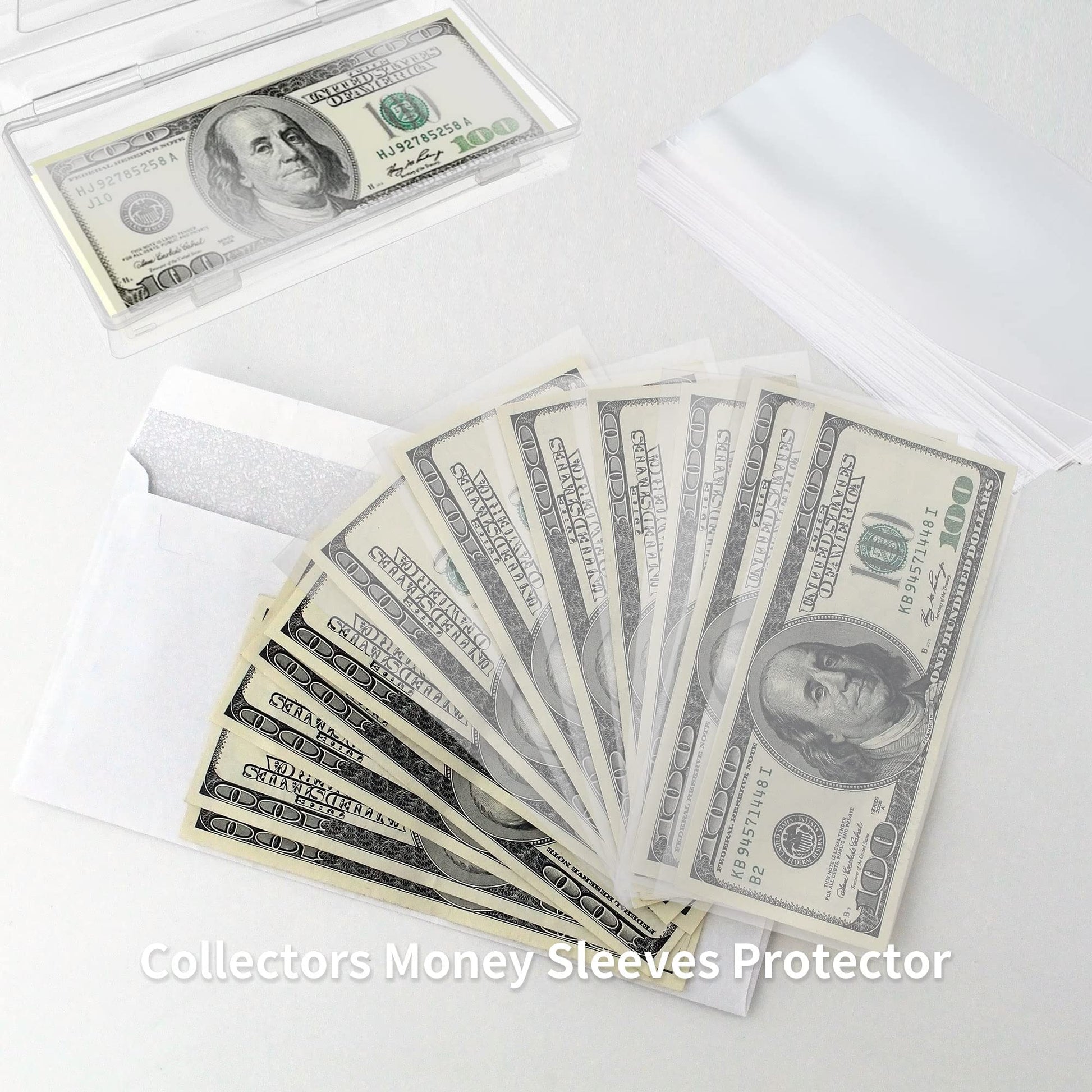 KEJJNYER 5 Pack Currency Sleeves Storage Case with 500 Pieces Dollar Bill Holder, Clear Plastic Paper Money Sleeve for Bills, Paper Currency Bill
