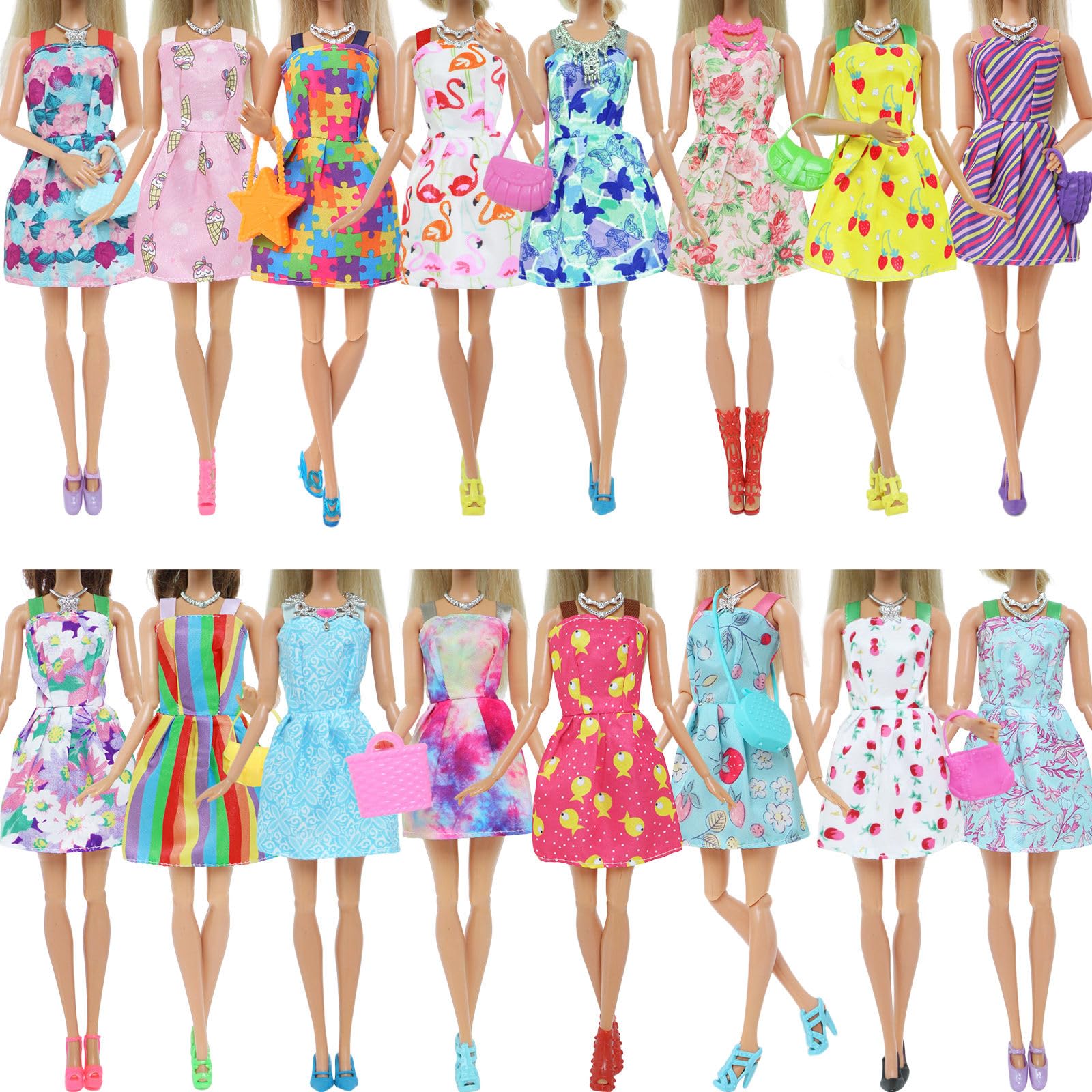 BJDBUS 42 pcs Doll Clothes and Accessories Including 10 pcs Fashion Mini Dresses 32 pcs Shoes, Glasses, Necklaces, Handbag, Hangers Accessories