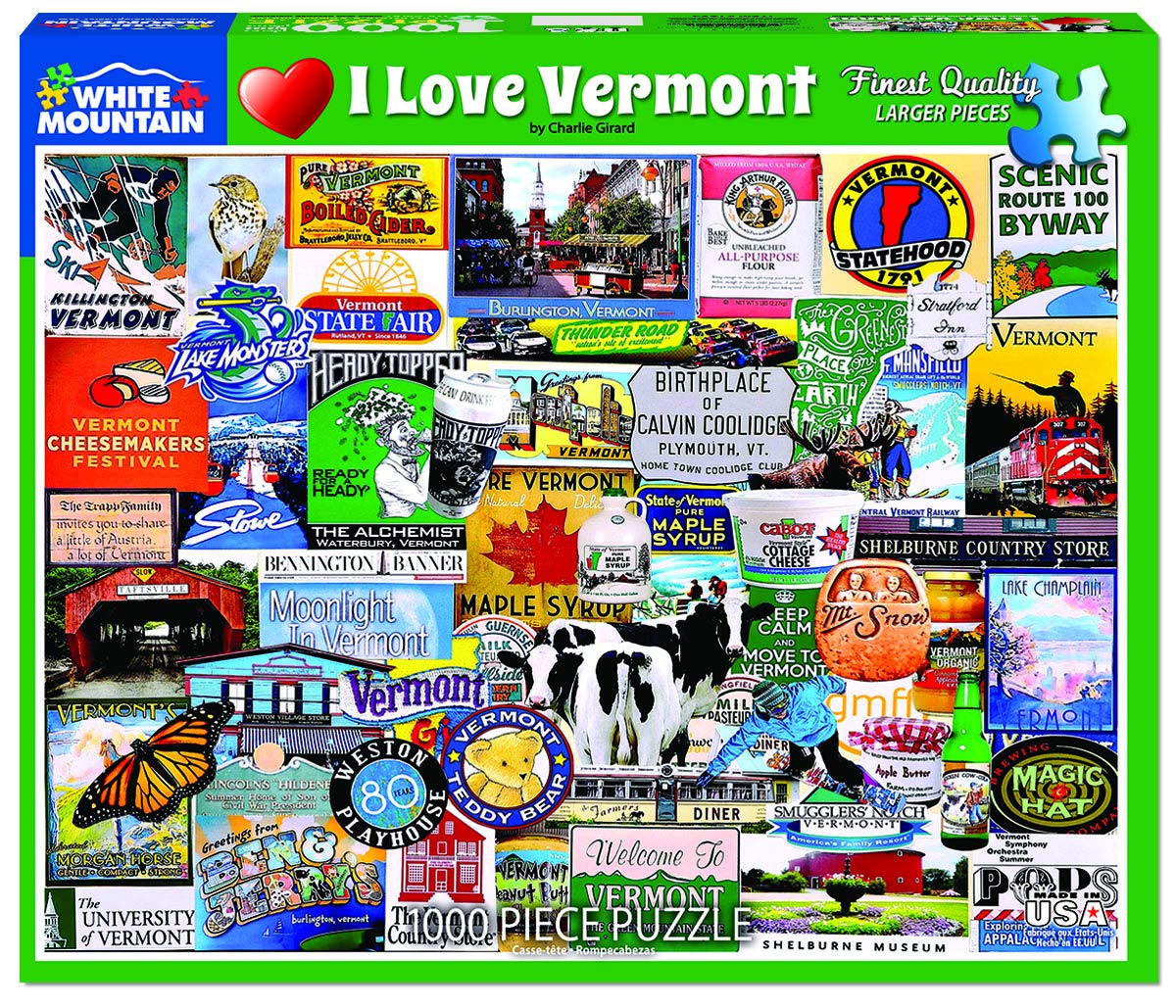 White Mountain 1000 Piece Jigsaw Puzzle State Icons Collage, I Love Vermont